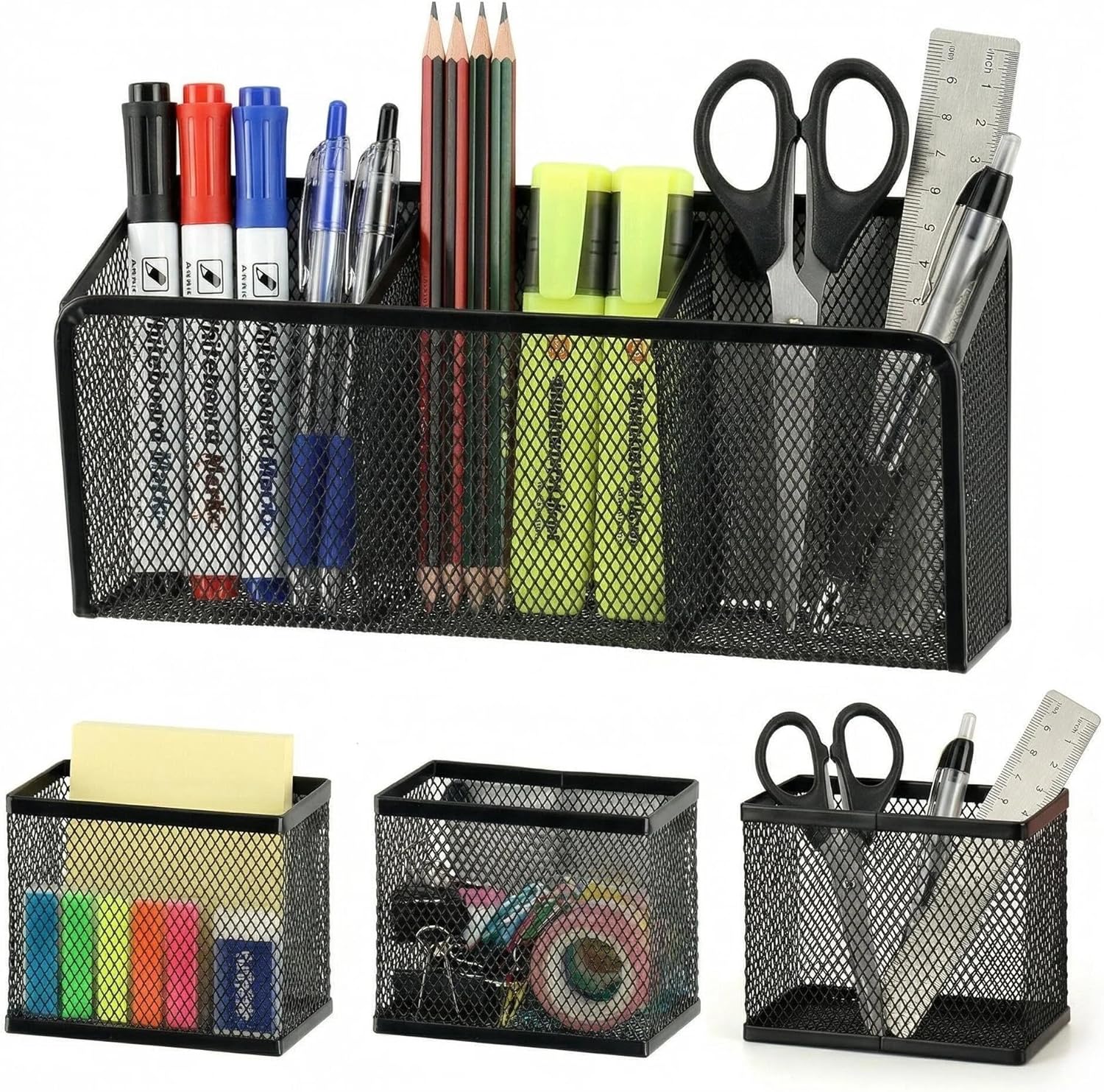 Neudeco Magnetic Pencil Holder, Locker Shelf Organizer, Metal Mesh Storage Basket for Whiteboard, Refrigerator, Marks, Pens, School&Office Supplies,Black (Pack of 4)