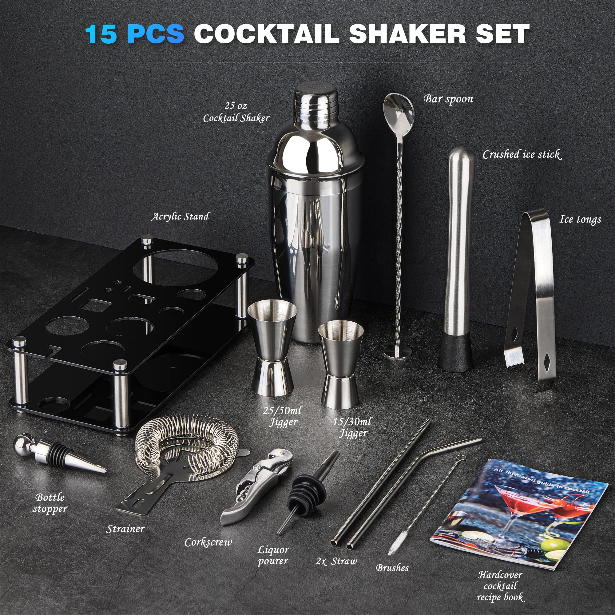 Set shaker per cocktail barista: kit da barista in acciaio inox da 15 pezzi con barre di supporto in acrilico con tutti i pratici accessori da bar, strumenti da bar per miscelare bevande, bar, casa