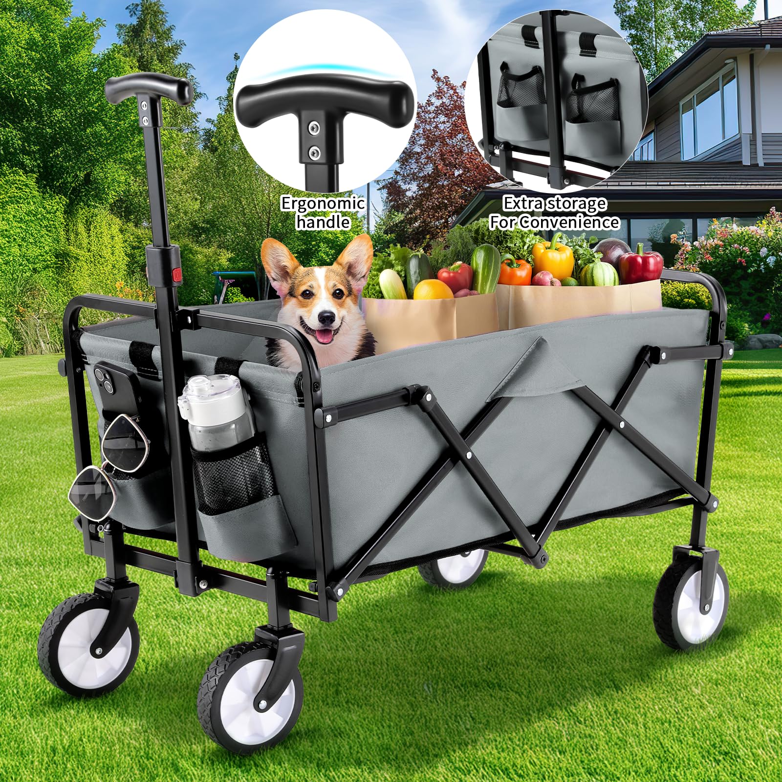Chariot de Plage Pliable Poignée Réglable Chariot de Jardin Chariots de Transport pour Transport, Plage, Camping, Courses, Chariot de Jardinage Chariot à roulettes avec Jusqu’à 60KG (Gris)