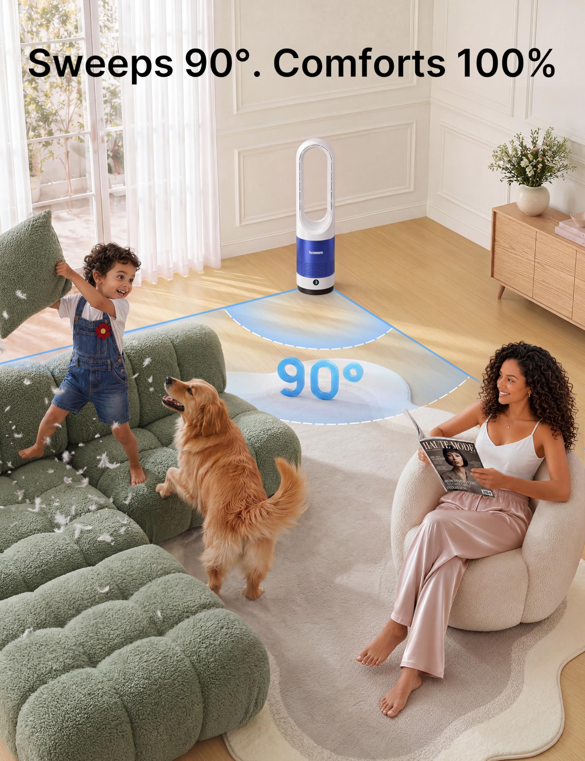 Ventilateur Sans Pale, Ventilateur Colonne avec Télécommande, 55 cm, Oscillation 90°, 8 Vitesses, Minuterie 9H, Affichage LED, Ventilateur Silencieux pour Chambre, Salon