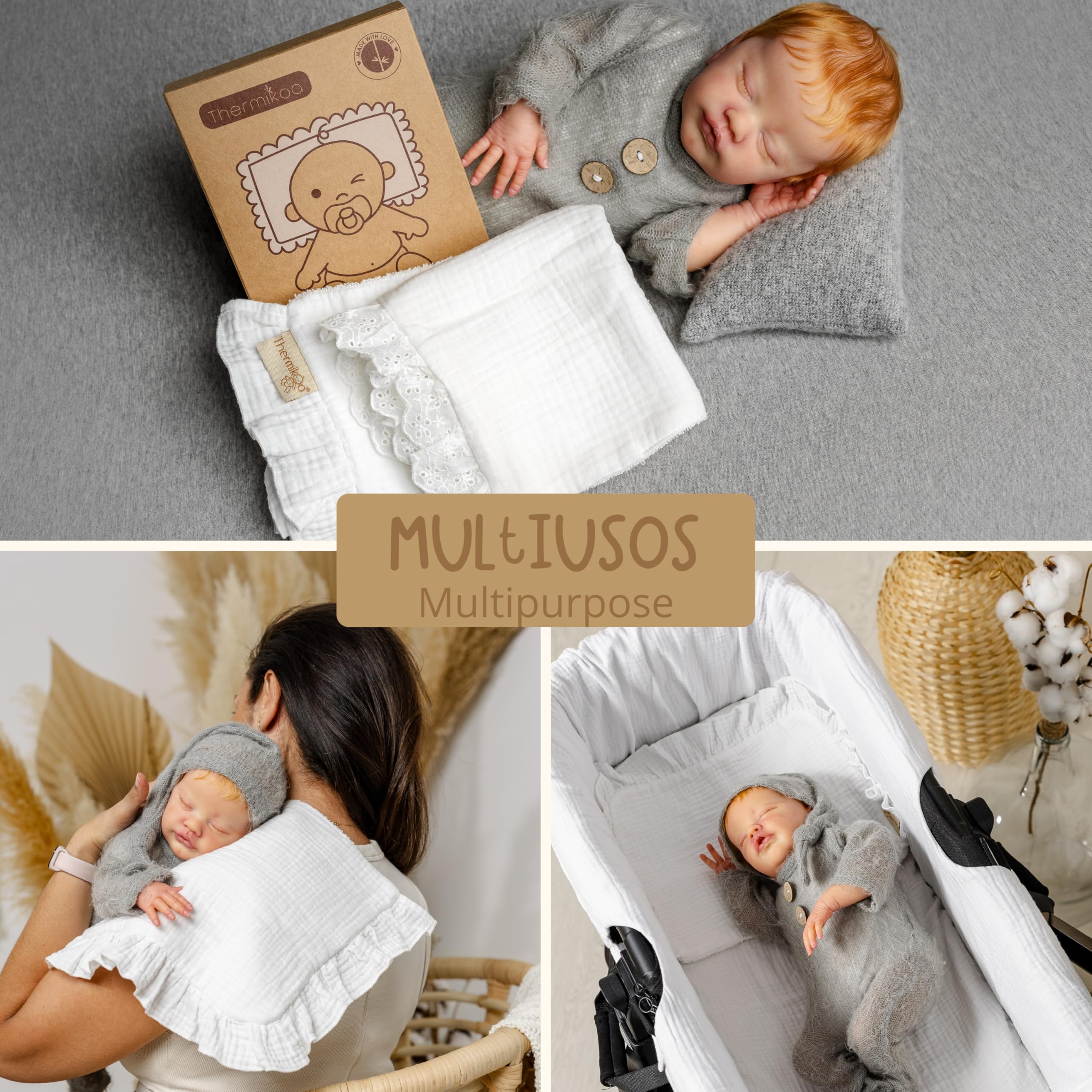 Thermikoa Mussole Neonato per Navicella e Passeggino – Pack 2 Panni 38x28 cm – Mussola Cotone Triplo Strato e Spugna Assorbente Panno Rigurgito da Spalla, Protezione Materassino Culla