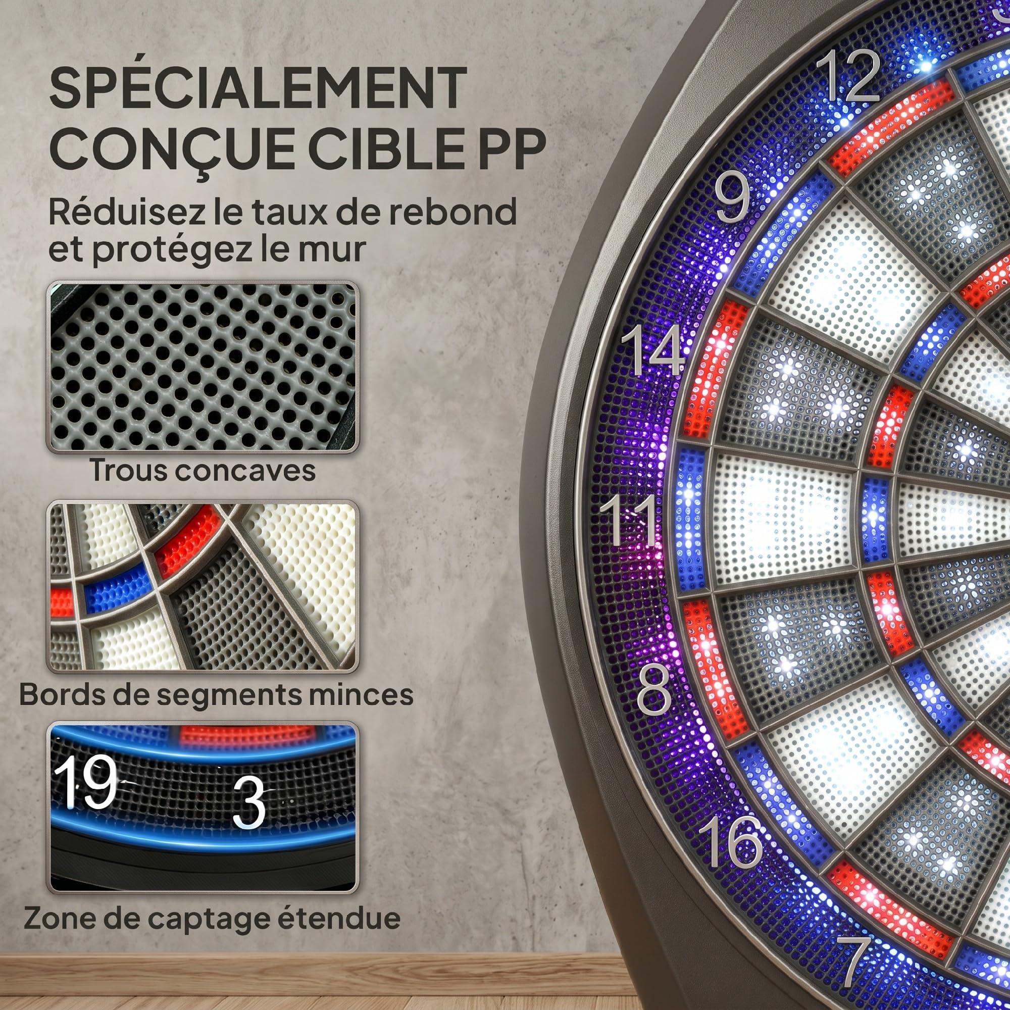 SPORTNOW Cible de Fléchettes Électronique avec écran LED XXL Lumineux Rechargeable, Jeu de Fléchettes Électronique pour 8 Joueurs, 6 projectiles, 24 Pointes, 34 Jeux, 2235 Variantes