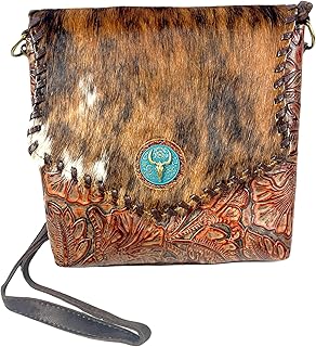 Urbalabs Western Crossbody Purse Cowhair Handbag Leather Longhorn Cow Skull Tooled Tote Bag Hand Stitched Purses (Dark Brown)