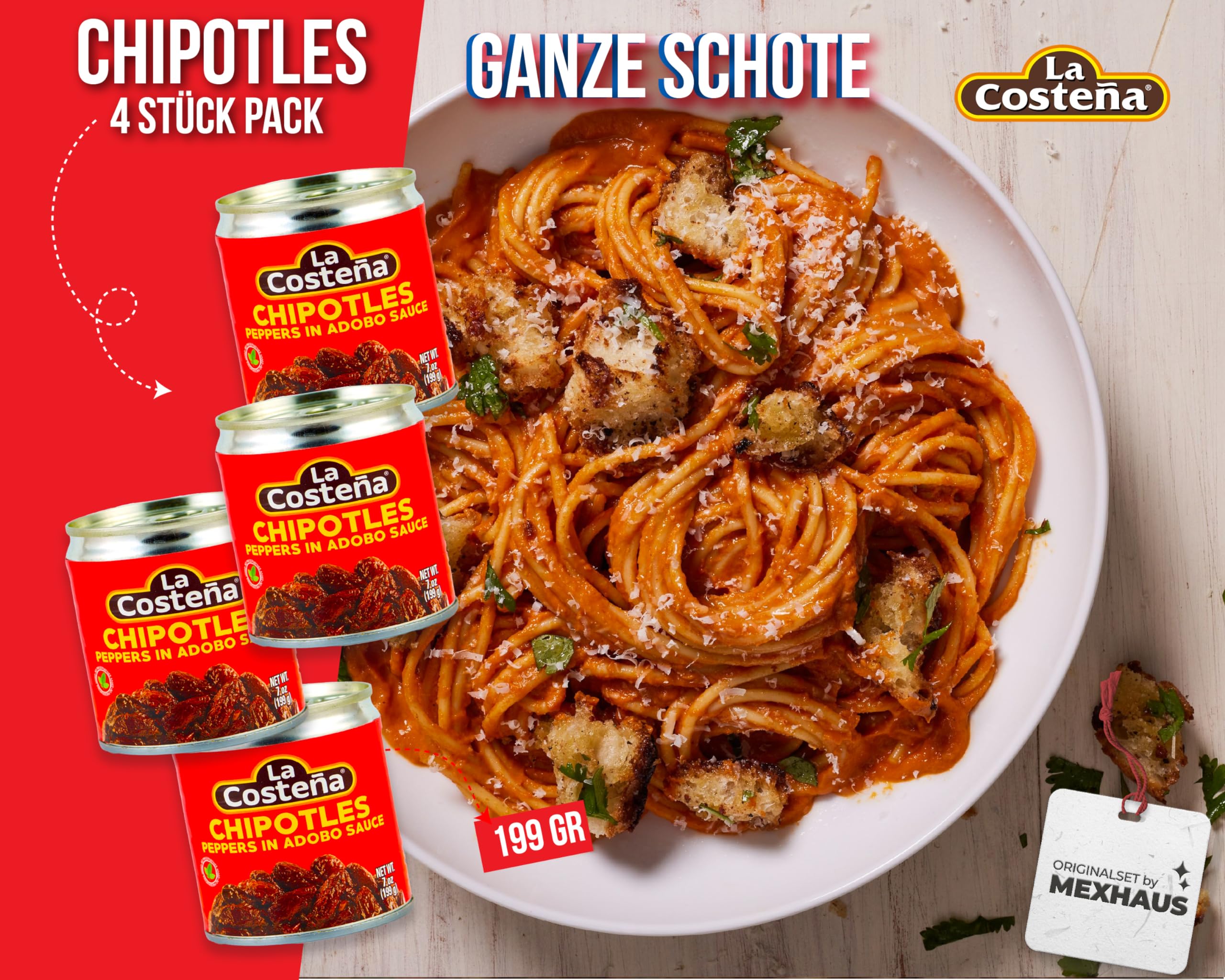 Piments chipotle en sauce adobo de La Costeña Lot de 4 (199 g chacun) Piments fumés et piquants dans une sauce tomate épicée Idéal pour les plats mexicains