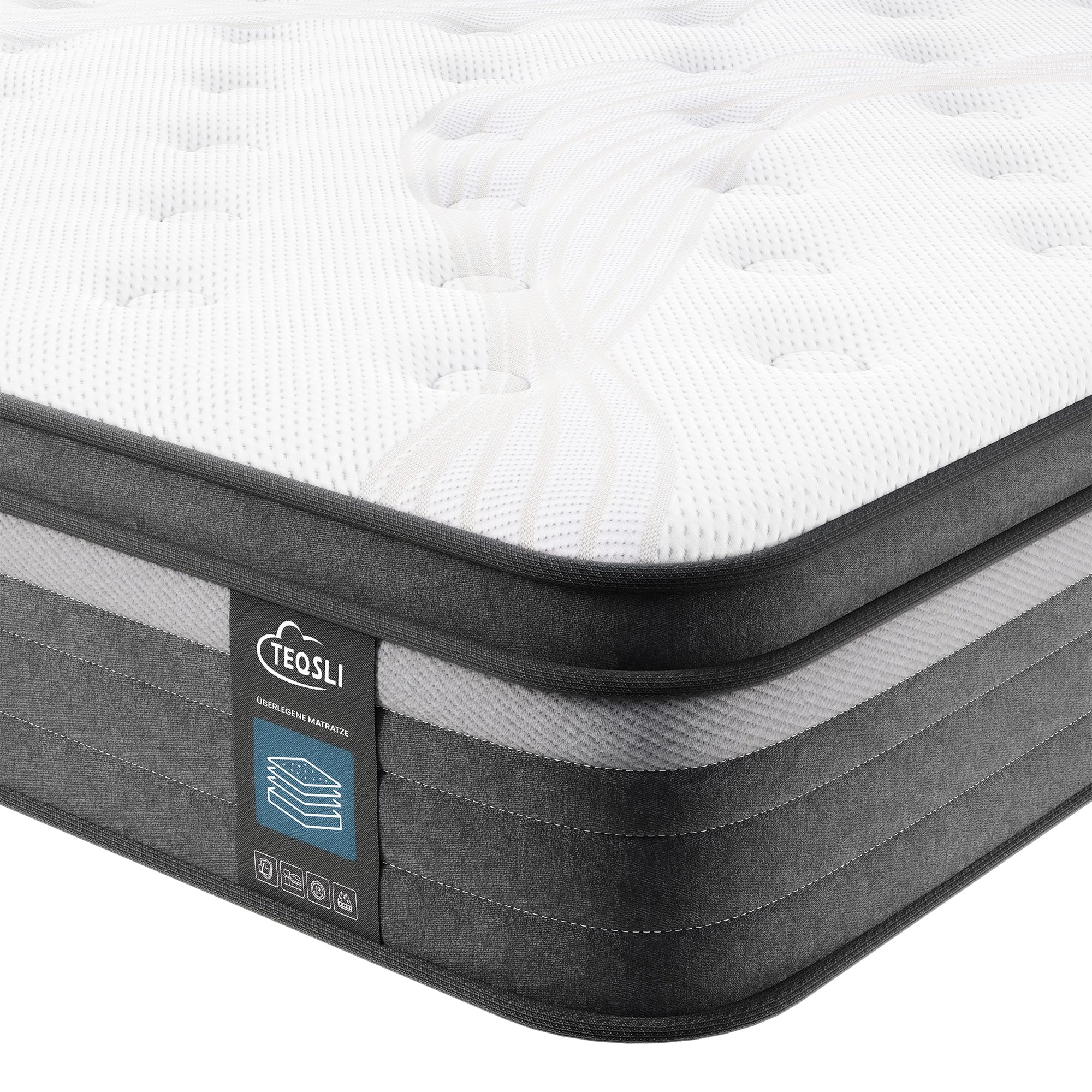 TeQsli Gel Federkernmatratze 90x200 cm 9-Zonen Matratze 25cm Höhe H3 H4 Härtegrad, Orthopädische Taschenfederkern, Hybridmatratze mit Innenschaum Federkern, Öko-Tex & CertiPUR Zertifiziert