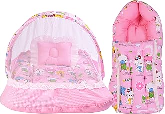 Babloo Baby Bed New Born Baby Bedding Set | Mosquito Net | Sleeping Bag | Mattress | Carry Bag | Essentials Combo | Cotton | Infants | Boys & Girls | Beds | Cot Mattresses (0-6 Months) Pink, Carry Cot