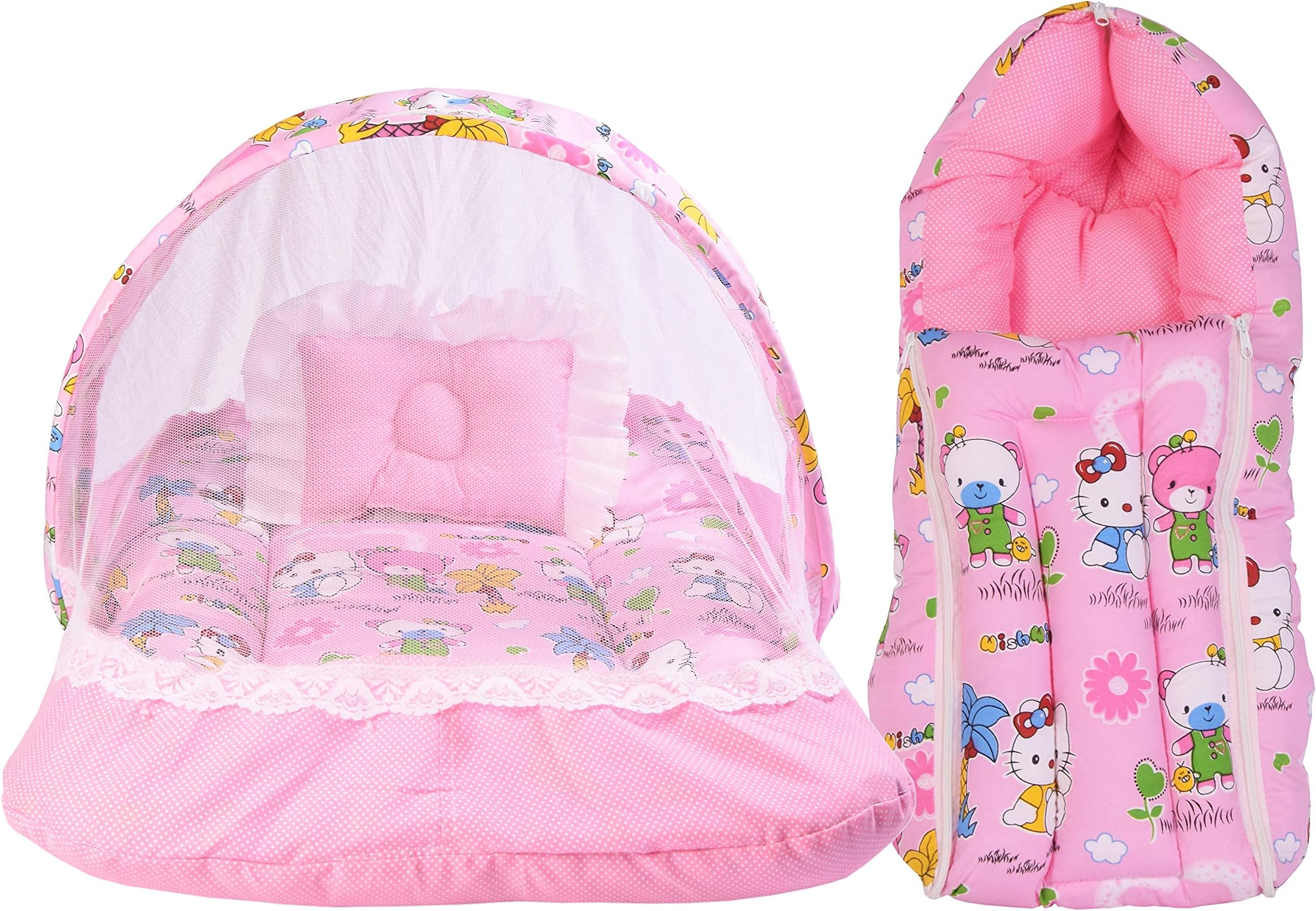 Babloo Baby Bed New Born Baby Bedding Set | Mosquito Net | Sleeping Bag | Mattress | Carry Bag | Essentials Combo | Cotton | Infants | Boys & Girls | Beds | Cot Mattresses (0-6 Months) Pink, Carry Cot