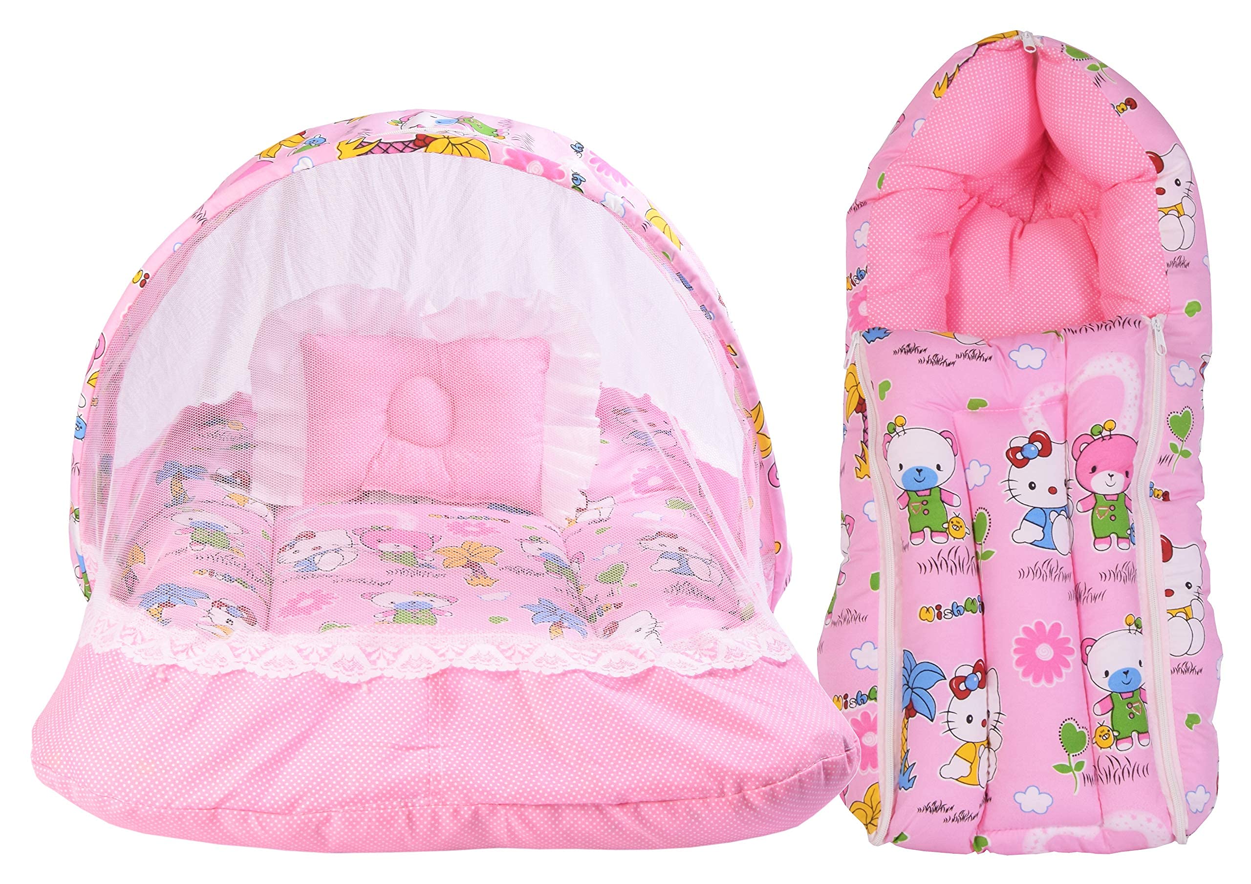 Babloo Baby Bed New Born Baby Bedding Set | Mosquito Net | Sleeping Bag | Mattress | Carry Bag | Essentials Combo | Cotton | Infants | Boys & Girls | Beds | Cot Mattresses (0-6 Months) Pink, Carry Cot