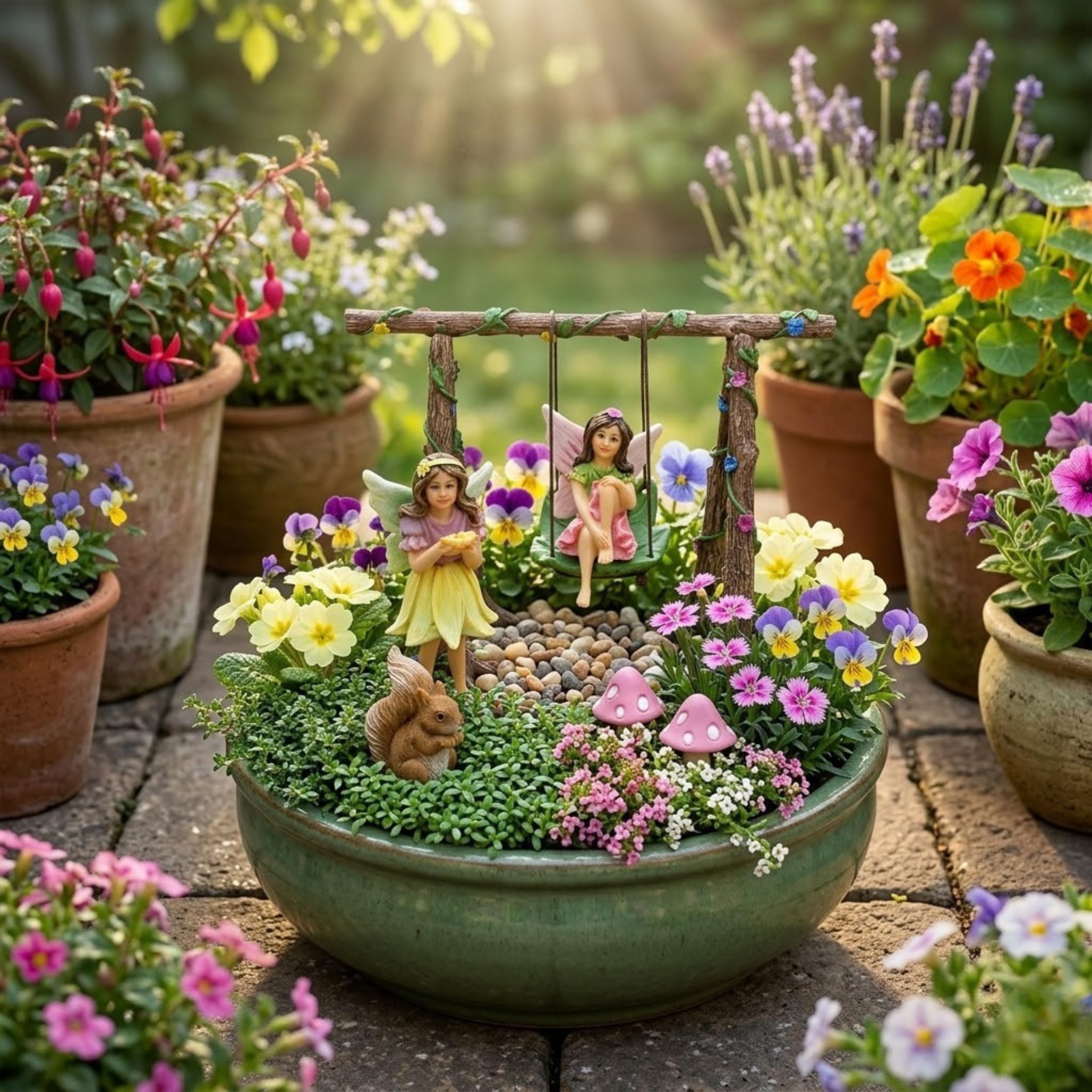 PRETMANNS Feengarten-Set mit Schaukel, Miniatur-Feen und Zubehör – Figuren Avie und Stella