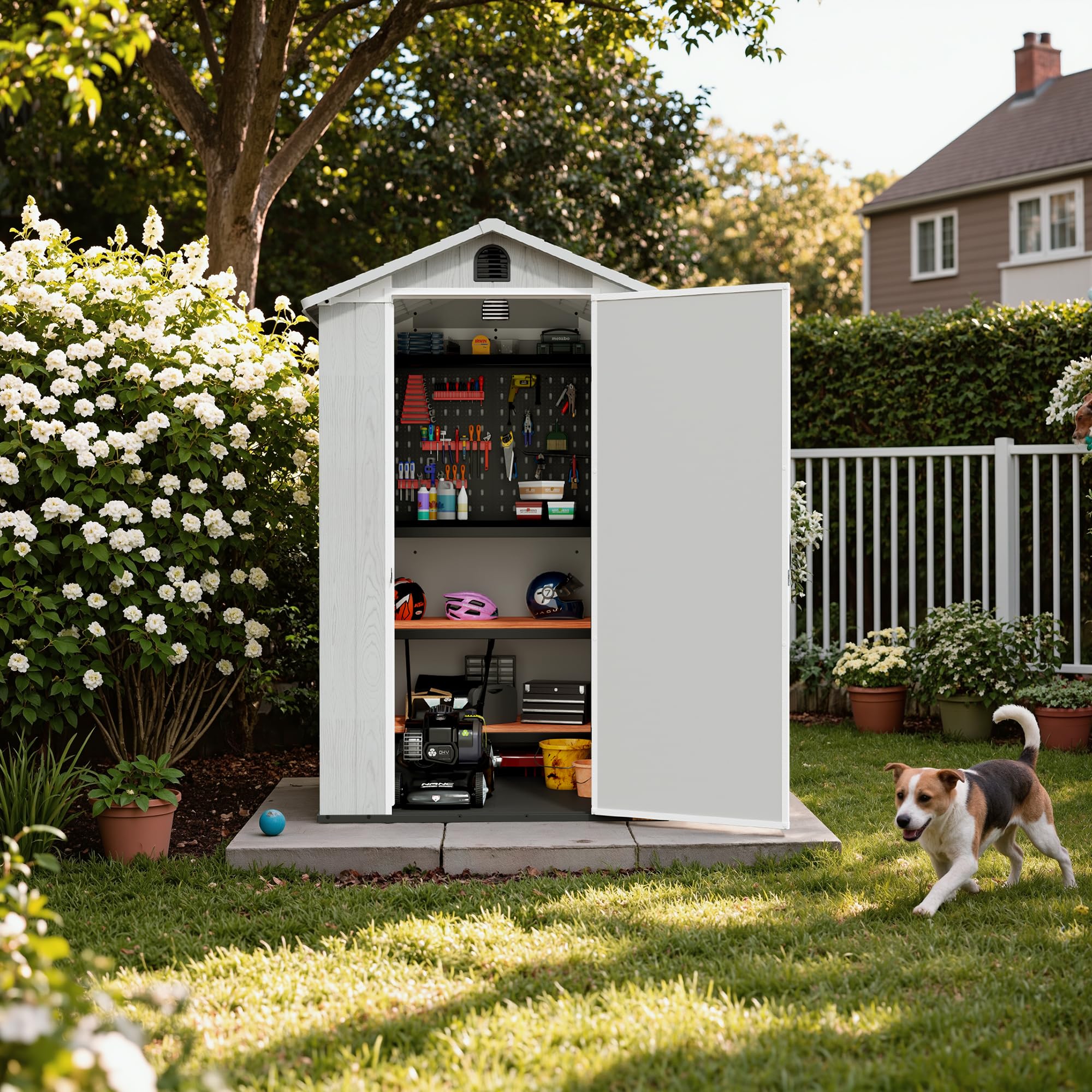 Devoko 4x4 Gartenhaus 2,3m³, Kunststoff, 116x116x195 cm Gerätehaus mit Boden, Geräteschuppen mit Abschließbar Tür und Belüftung, Draußen, Wetterfest für Garten Rasen, Hellgrau