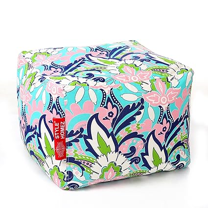 Style Homez Square Cotton Canvas Floral Printed Bean Bag Ottoman L Size with Fillers