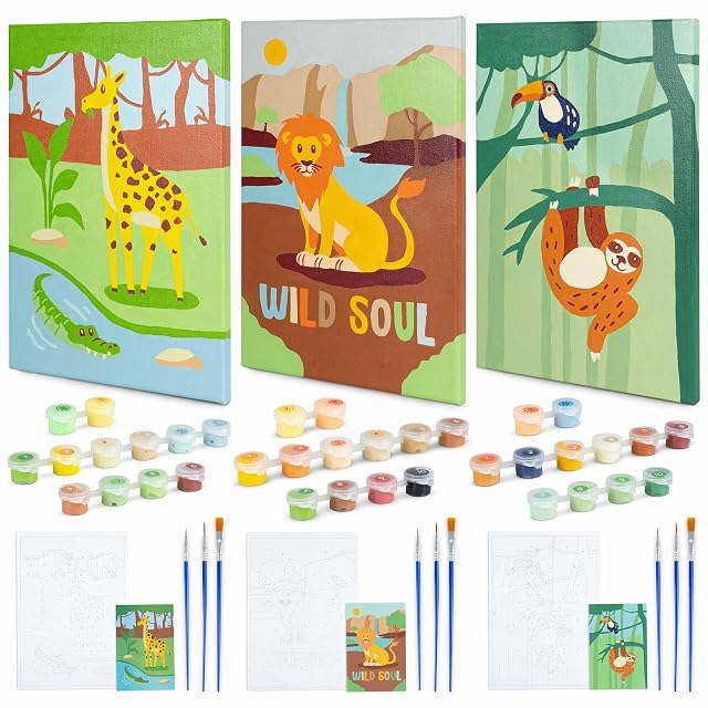 BONNYCO Pintar por Numeros Niños de Animales, 3 Lienzos de Manualidades