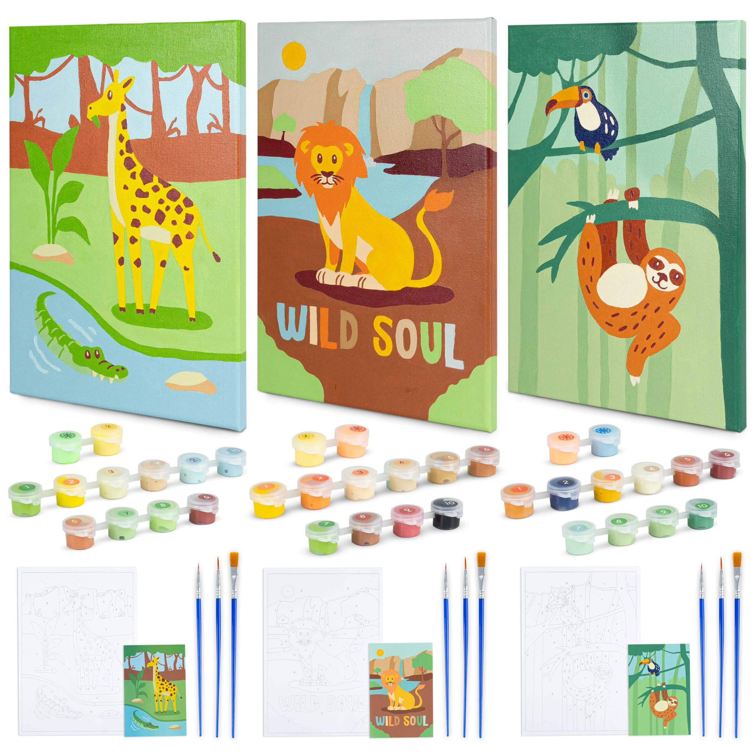 BONNYCO Malen nach Zahlen Kinder Dschungel Tiere 3 Stück. Dschungel Geschenke für Kinder, Bastelset Jungs Mädchen. Malen nach Zahlen mit Rahmen, Paint by Numbers. Geschenke für Jungs, Kreativ Set