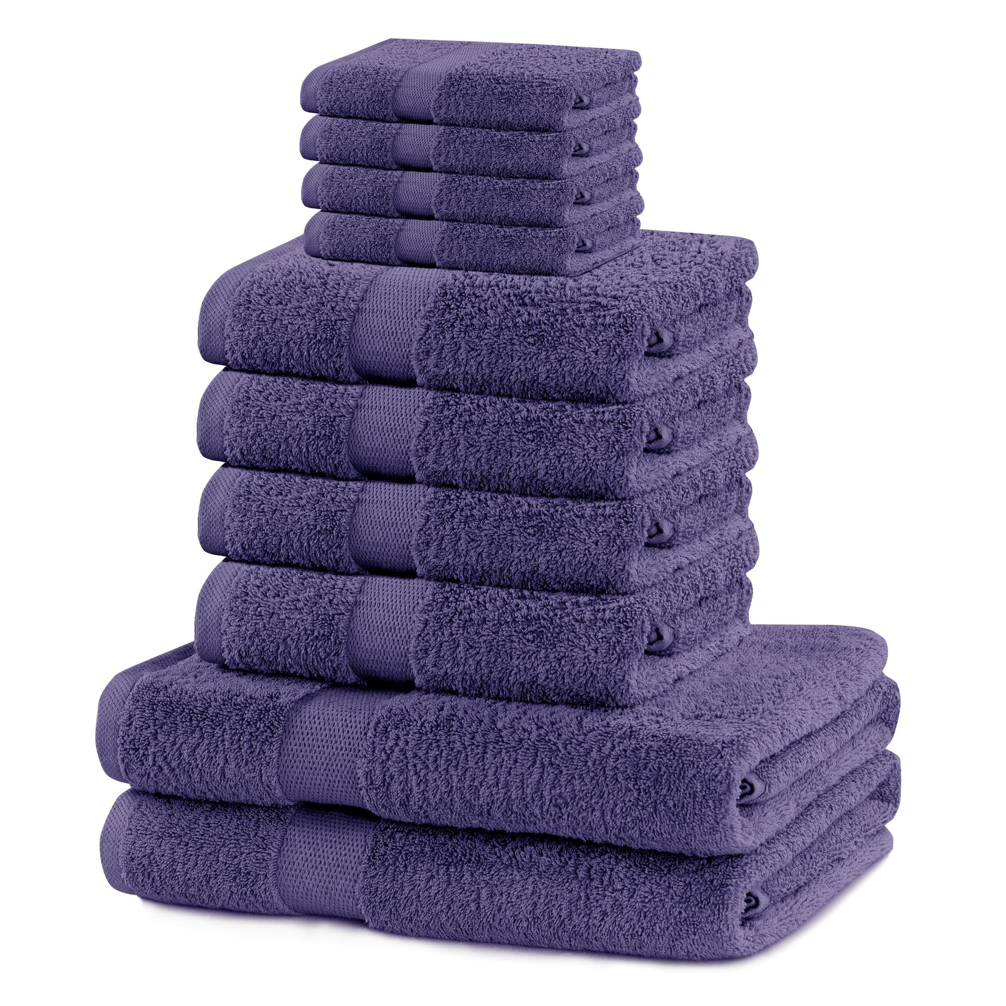 DecoKing Juego de 10 Toallas de algodón de Calidad de 525 g/m², 4 Toallas de 30 x 50 cm, 4 Toallas de Mano de 50 x 100 cm y 2 Toallas de baño de 70 x 140 cm, Color Morado y Absorbente