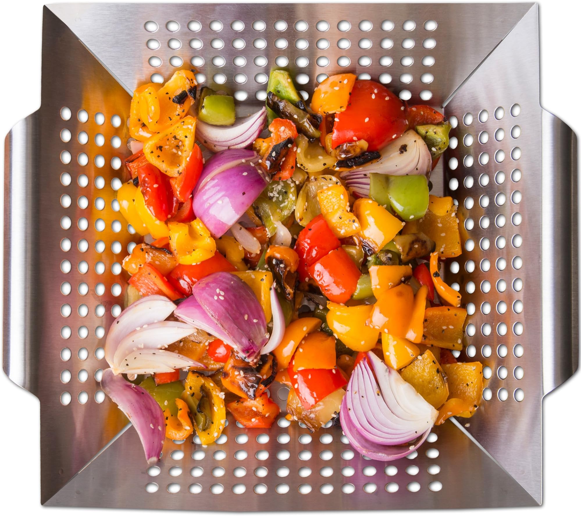 Grill Basket Wok Topper Pan Smoker for Grilling Barbecue Vegetables Fish Stir Fry Seafood Kabob Pizza or Veggies 100% Heavy Duty Stainless Steel BBQ Camping Cookware Charcoal Gas Outdoor Accessories