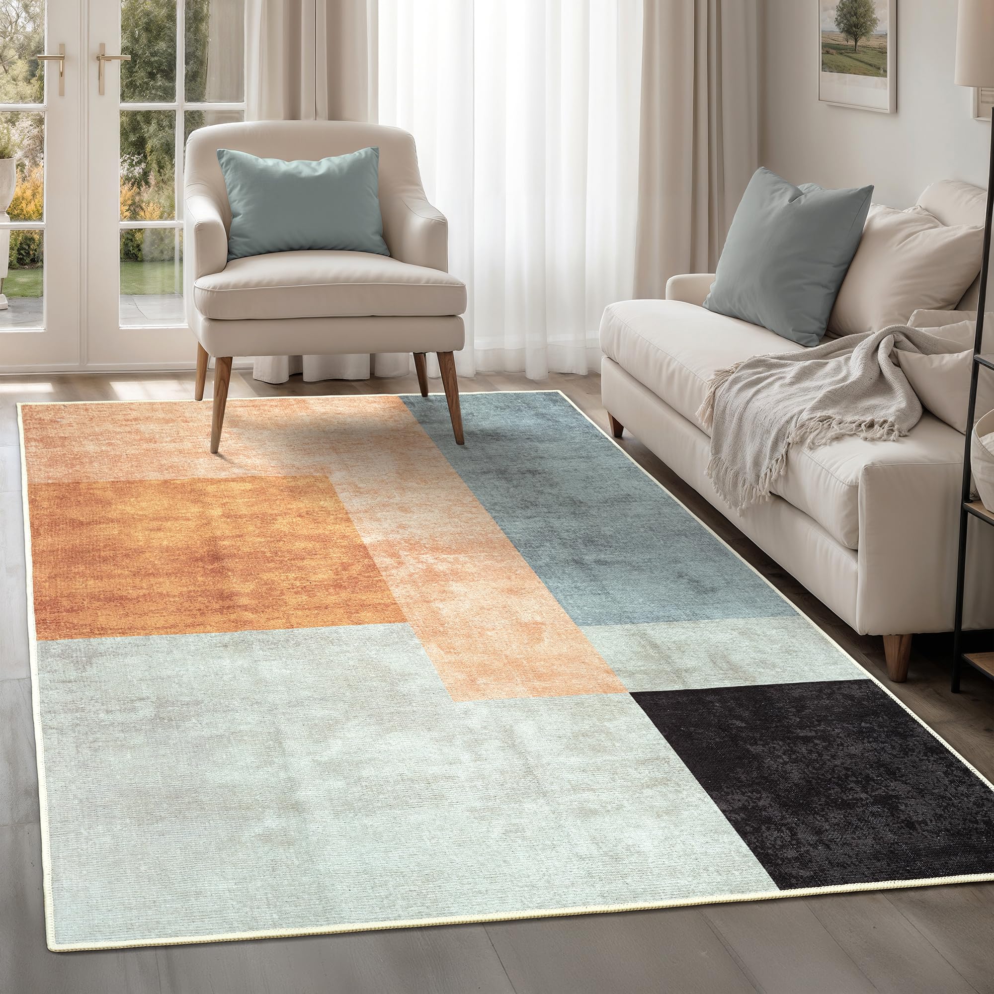 artyrugs Machine Washable Rug, 200x290cm, 75% Recycled Cotton, Short Pile, Non-Slip Backing, Non-Shedding, Suitable for Living Room, Bedroom, Kitchen, Hallway, Office, Retro Blocks — image 1
