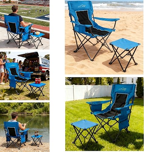 Miniatura 6 de FAIR WIND Silla de camping acolchada de gran tamaño con reposapiés y bolsa de refrigeración resistente para pesca, fiestas en el jardín, partidos