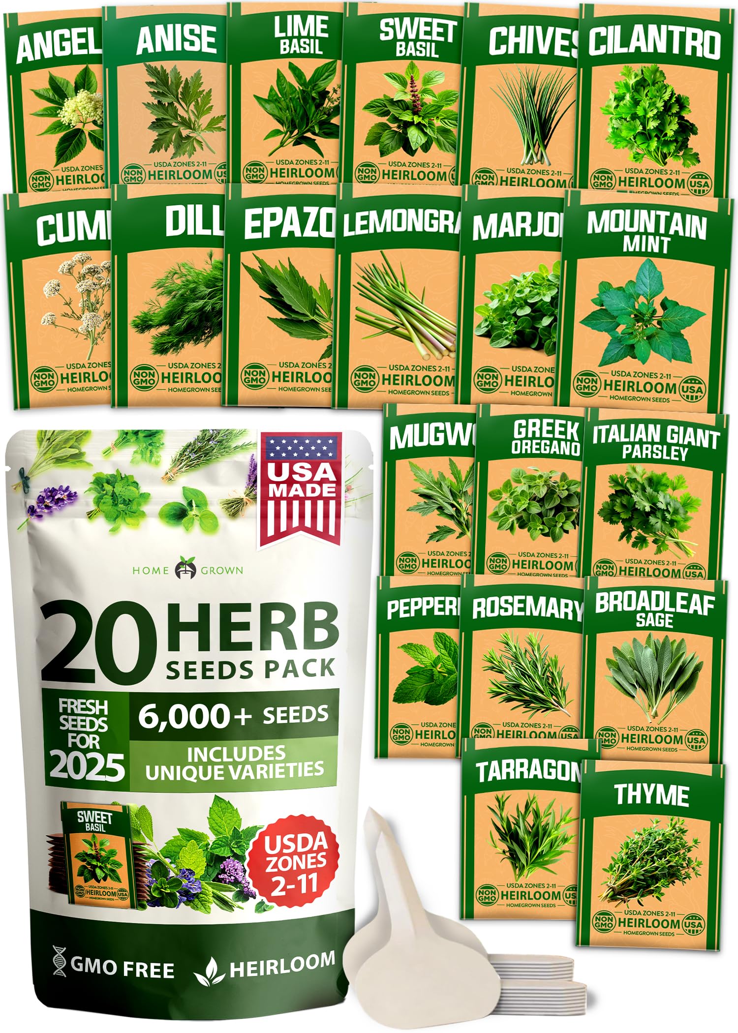 HOME GROWN Premium HERB Seeds Variety Pack - 20 Heirloom Herb Seeds for Planting - 6,000+ Non-GMO Seeds with Plant Markers - Indoor Outdoor Hydroponic Herb Garden - Culinary & Medicinal Herbs
