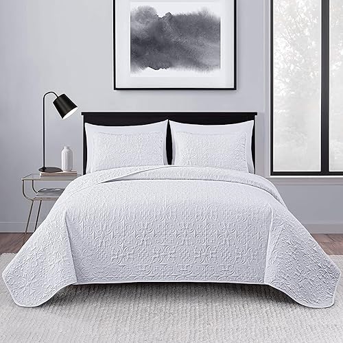 Miniatura 2 de Chezmoi Collection Luca - Juego de edredón de 3 piezas tamaño King, color blanco, suave, ligero, de verano, tamaño King, de 118 x 106, con patrón de