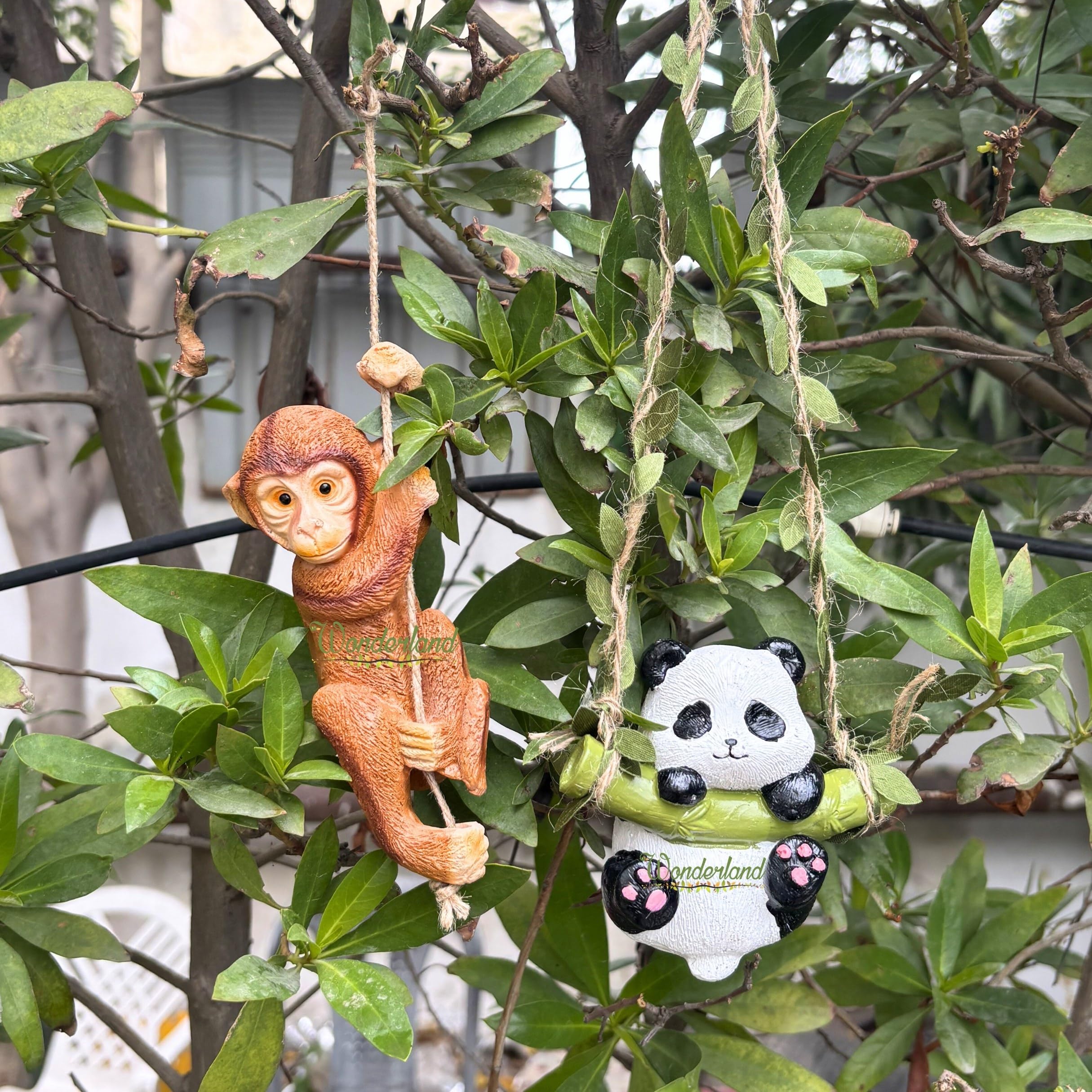 Wonderland Hanging Garden Statue Set – Panda on Swing & Hanging Monkey Figurines – 2-Piece Whimsical Animal Decor with Leafy Vine Ropes for Outdoor Trees, Patio, or Nursery-image-29