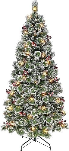 Árbol de pino nevado preiluminado de 6.5 pies, 559 puntas, 200 luces LED blancas cálidas, adaptador con certificación UL