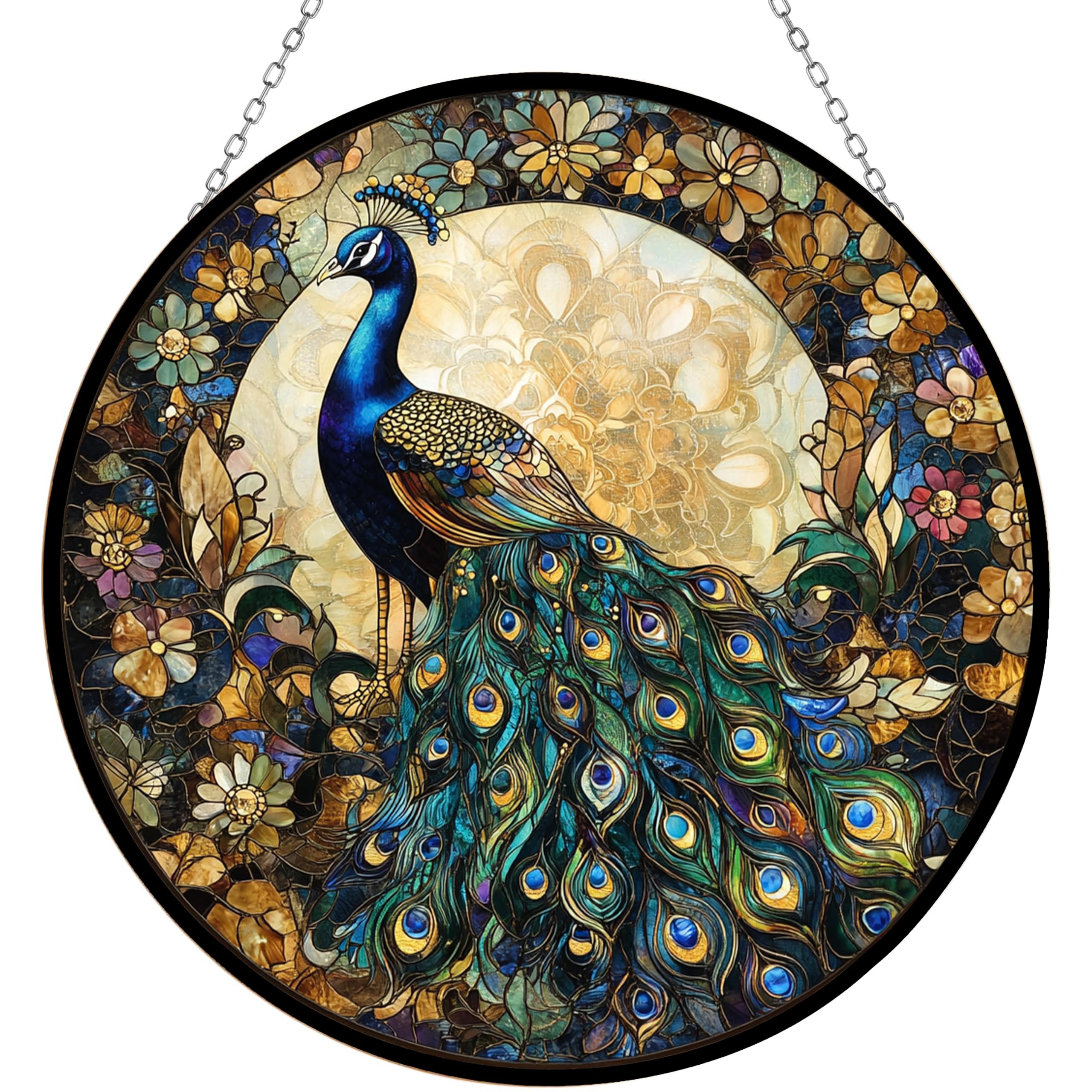 365CUSGIFTS Personalized Boho Peacock & Floral Mandala Stained Glass Window Hangings, Handcrafted Stained Glass Suncatchers, Gift for Cat Lovers