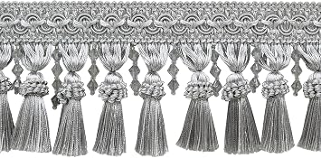 DECOPRO 4" 10cm Elegant Beaded Tassel Fringe with Fancy Gimp Header | Fringe Trim # BTFCT4, Cool Grey #79 Light Grey Sold By The Yard 36"/3 ft/0.9m