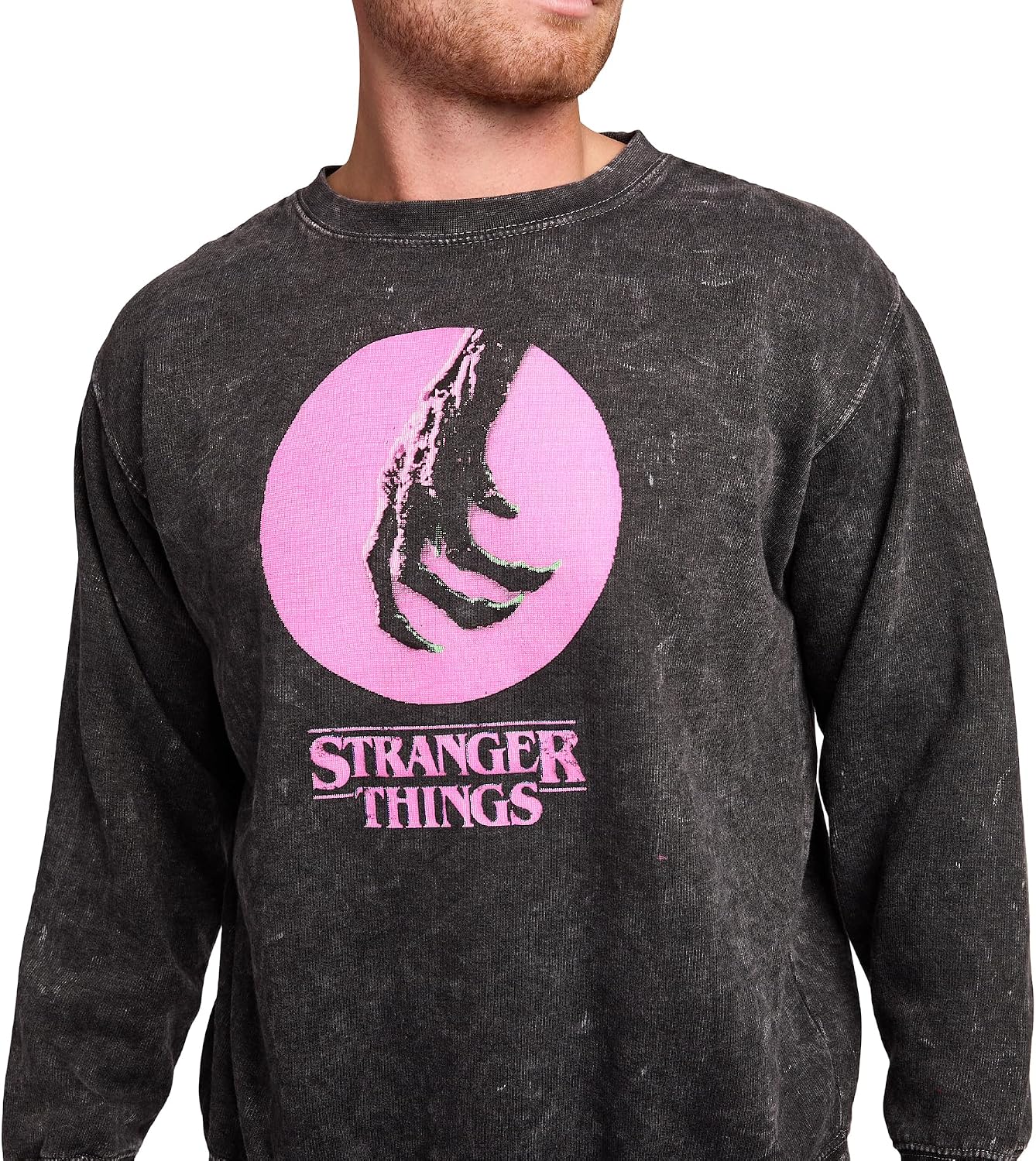 Bioworld Stranger Things Vecna CC TV Oversized Print on Men's Black Mineral Wash Sweatshirt