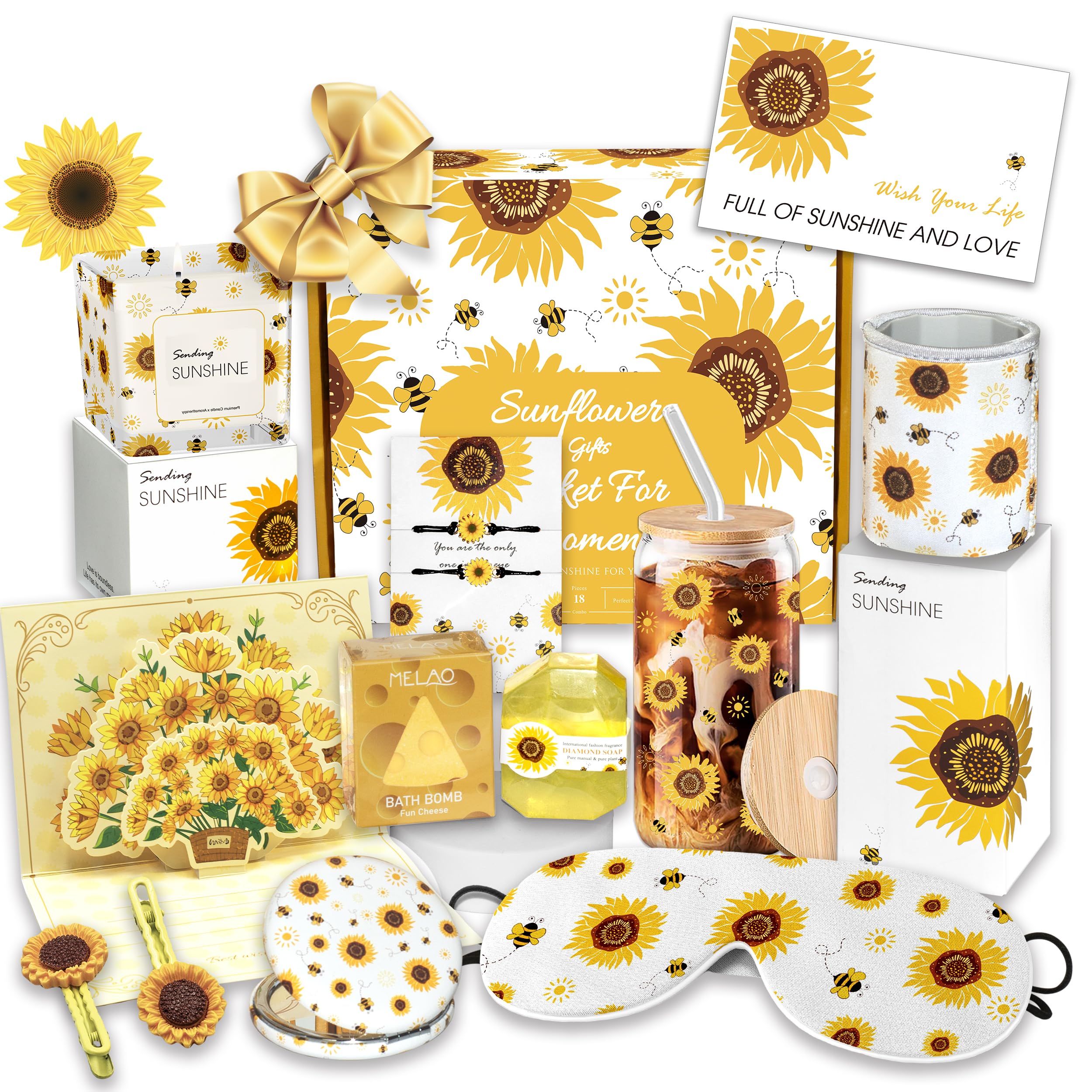Sunflower Gift Baskets for Women, Sending Sunshine Unique Birthday Cheer Up Self Care Package, Get Well Soon Spa Gifts Set - Thinking of You Gift for