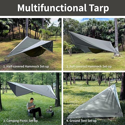 Miniatura 4 de Hamaca con mosca de lluvia, lona impermeable de 11 x 9 pies con puertas, lona ligera y con protección UV, multifuncional para mochileros,