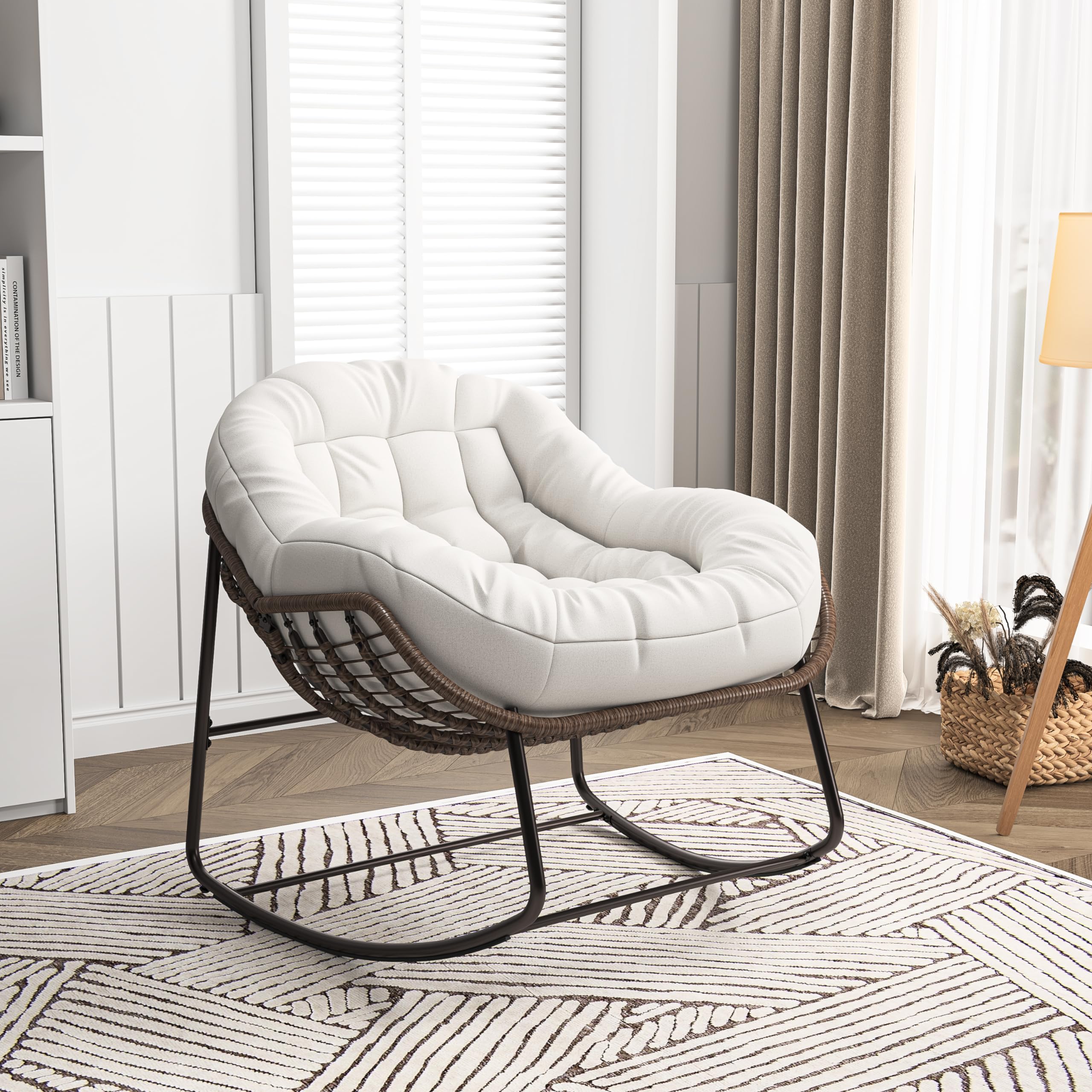 KeepGoon Mecedora de ratán para exteriores con acolchado, estilo escandinavo, silla de lactancia, silla de ocio, silla de ocio, tela impermeable, soporte de acero para salón, dormitorio, patio (beige)