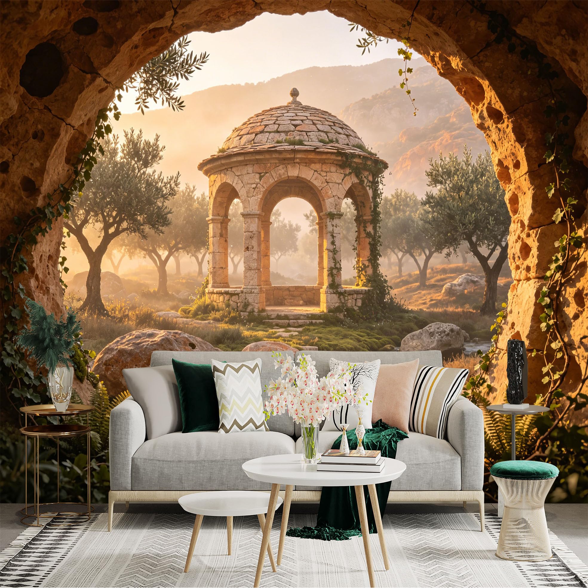 Custom Size Wall Sticker Mural， Ancient Stone Pavilion with Olive Trees and Sunset Stream， for wall Decoration， peelandstick wall Decals.