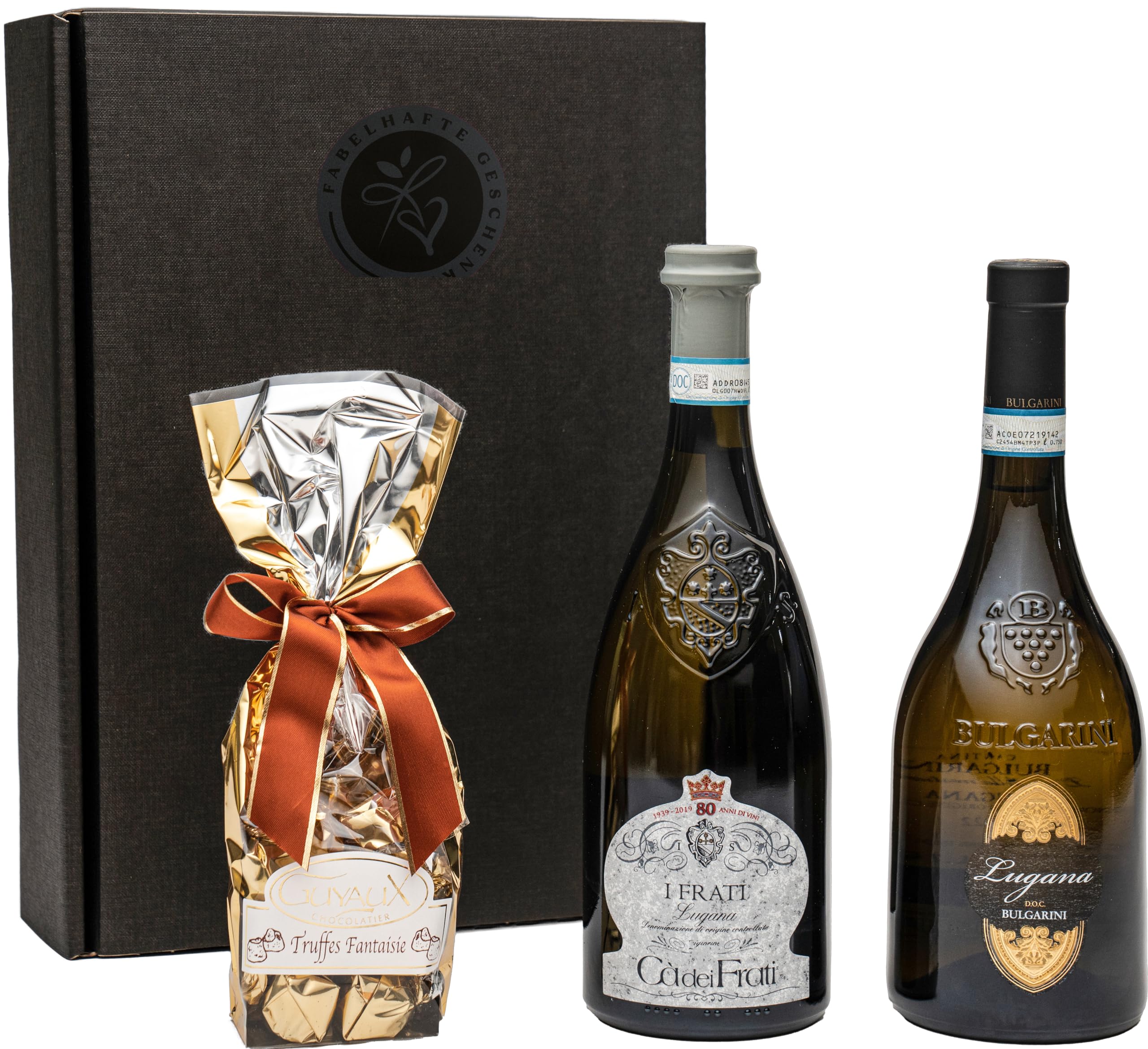 Geschenkset Lugana, Weißwein aus Italien, mit Schokoladentrüffeln in schöner Präsentverpackung