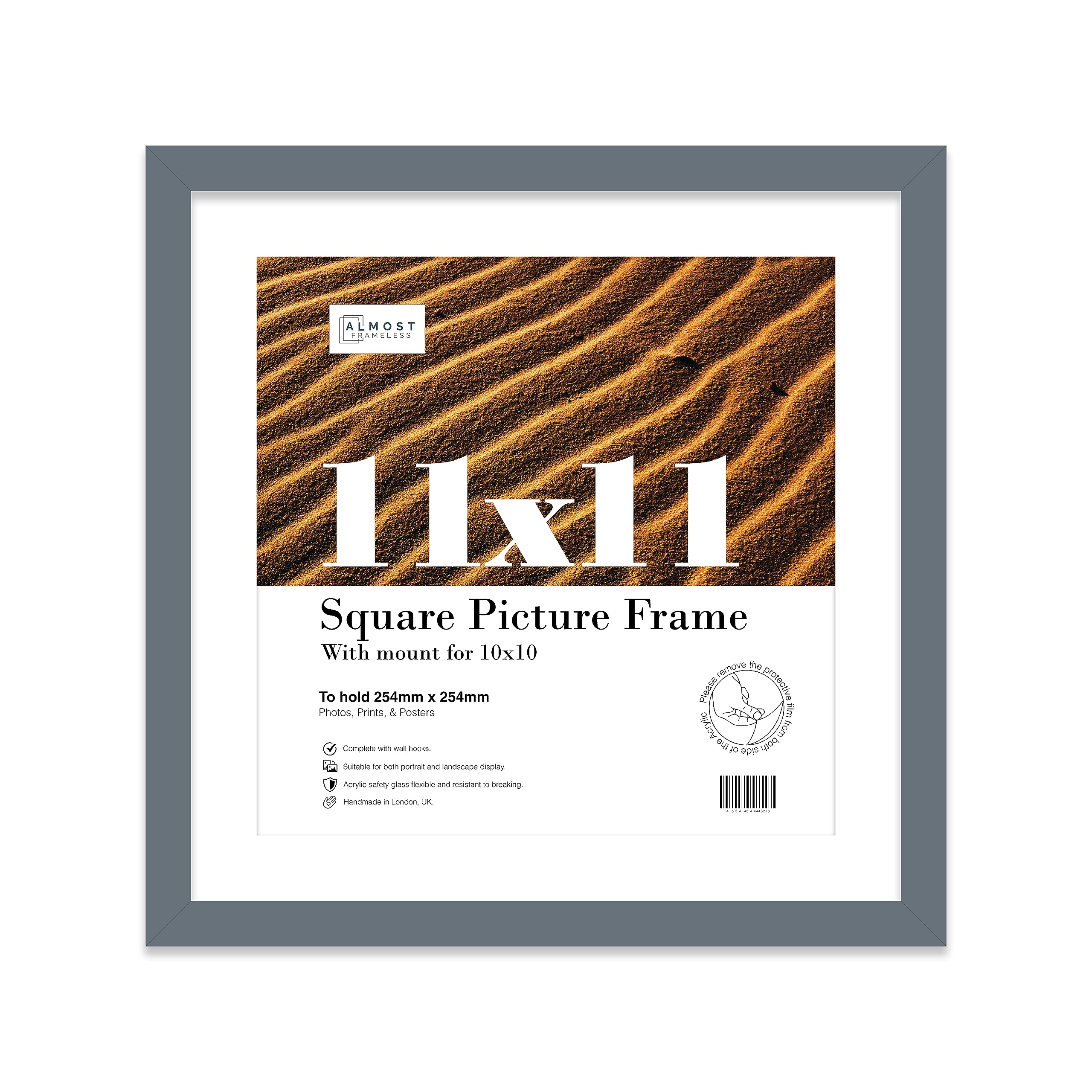 Almost Frameless 11x11 Picture Frame, Display Pictures 10x10 With Mat or 11x11 Without Mat, Wall Hanging Photo Frame, Grey, 1 Pack