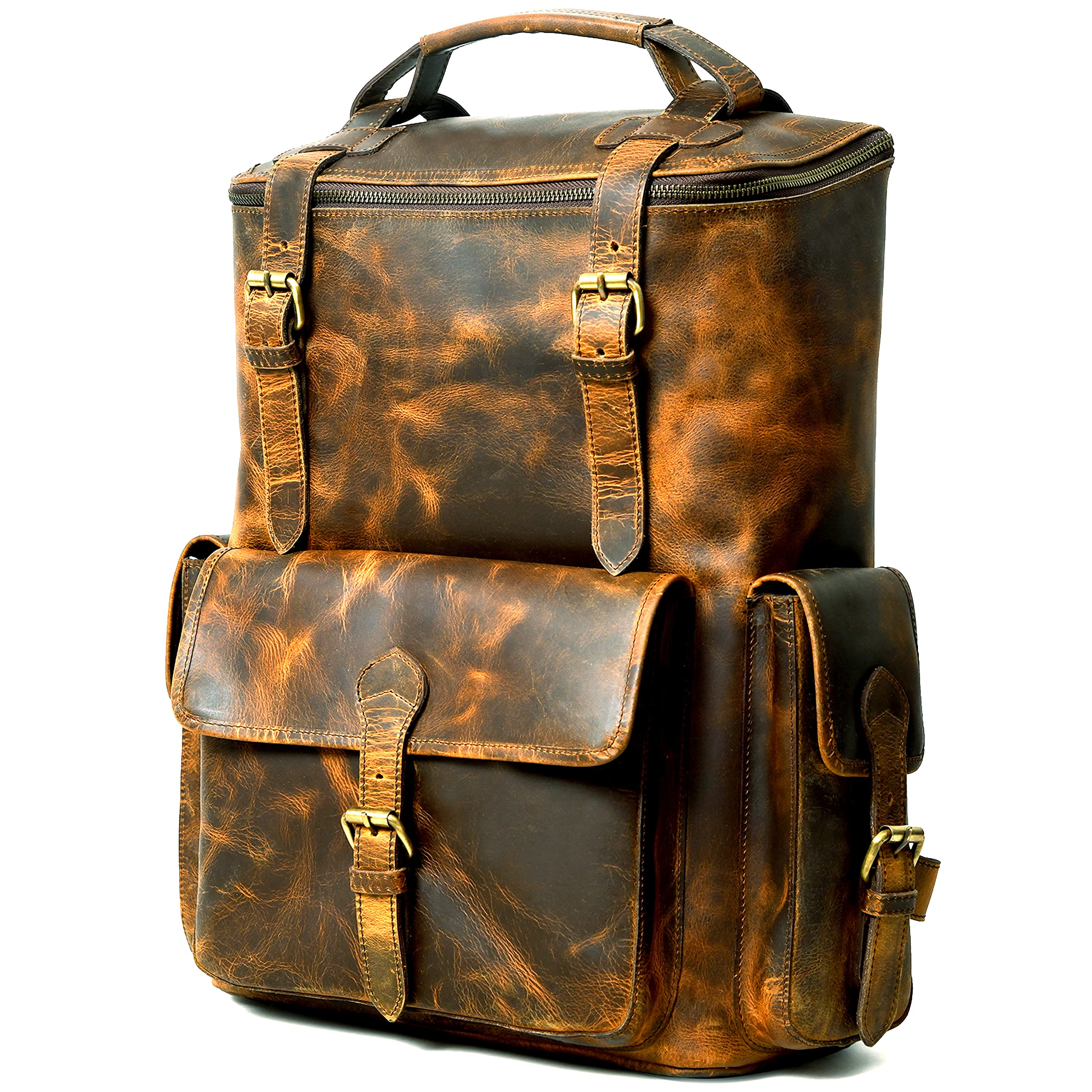 Gratlin Buffalo Leather Backpack for Men & Women | Multi Pocket Laptop Backpack | Vintage Brown Leather Rucksack for Travel & Trekking