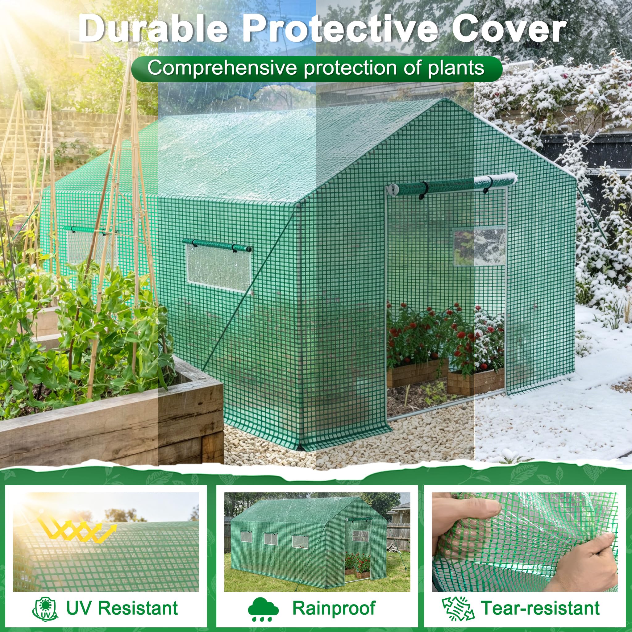 UISEBRT Invernadero de jardín de 3 x 2 x 2 m, 6 ㎡, con 4 ventanas de ventilación y puerta con cremallera, marco de acero galvanizado, lámina de polietileno de alta densidad resistente a los rayos UV