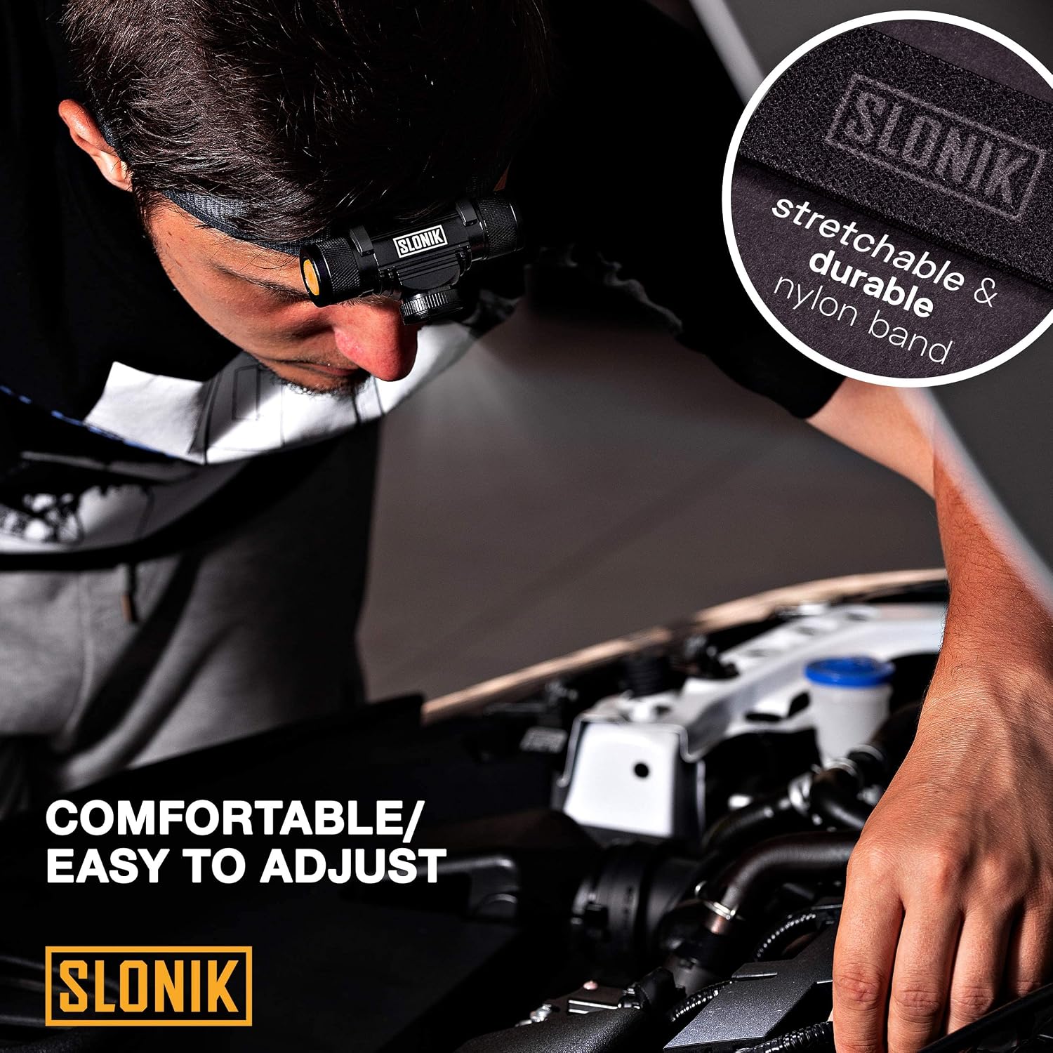 SLONIK LED Headlamp Flashlight - 500 Lumen USB Rechargeable Headlight w/ 2200 mAh Battery - IPX8 Waterproof Head Lamp with Bright 30 ft Beam - Camping Gear & Hard Hat Accessories, Black 500L
