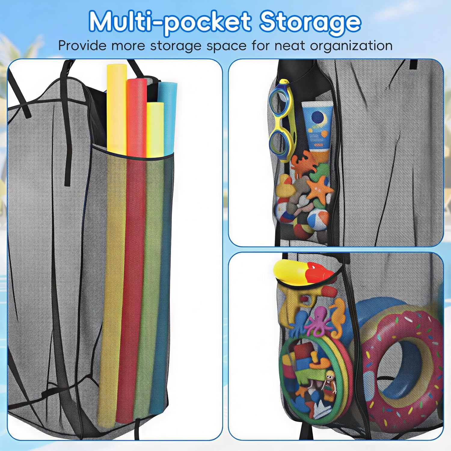Housolution Pool Float Storage Net, 66.9'' x 15.7'' x 47.2'' Large Pool Storage Bag, Outdoor Toy Organizer Hanging Pouch for Inflatable Balls Toys, Swimming Ring, Rafts, Noodles, Black