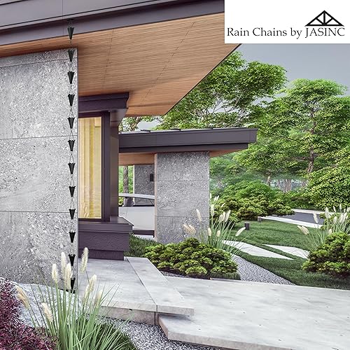Miniatura 3 de Rain Chains by JASINC Copas de hojas de 8.5 pies con recubrimiento en polvo negro, para reemplazar la canaleta de techo, con kit de instalación,