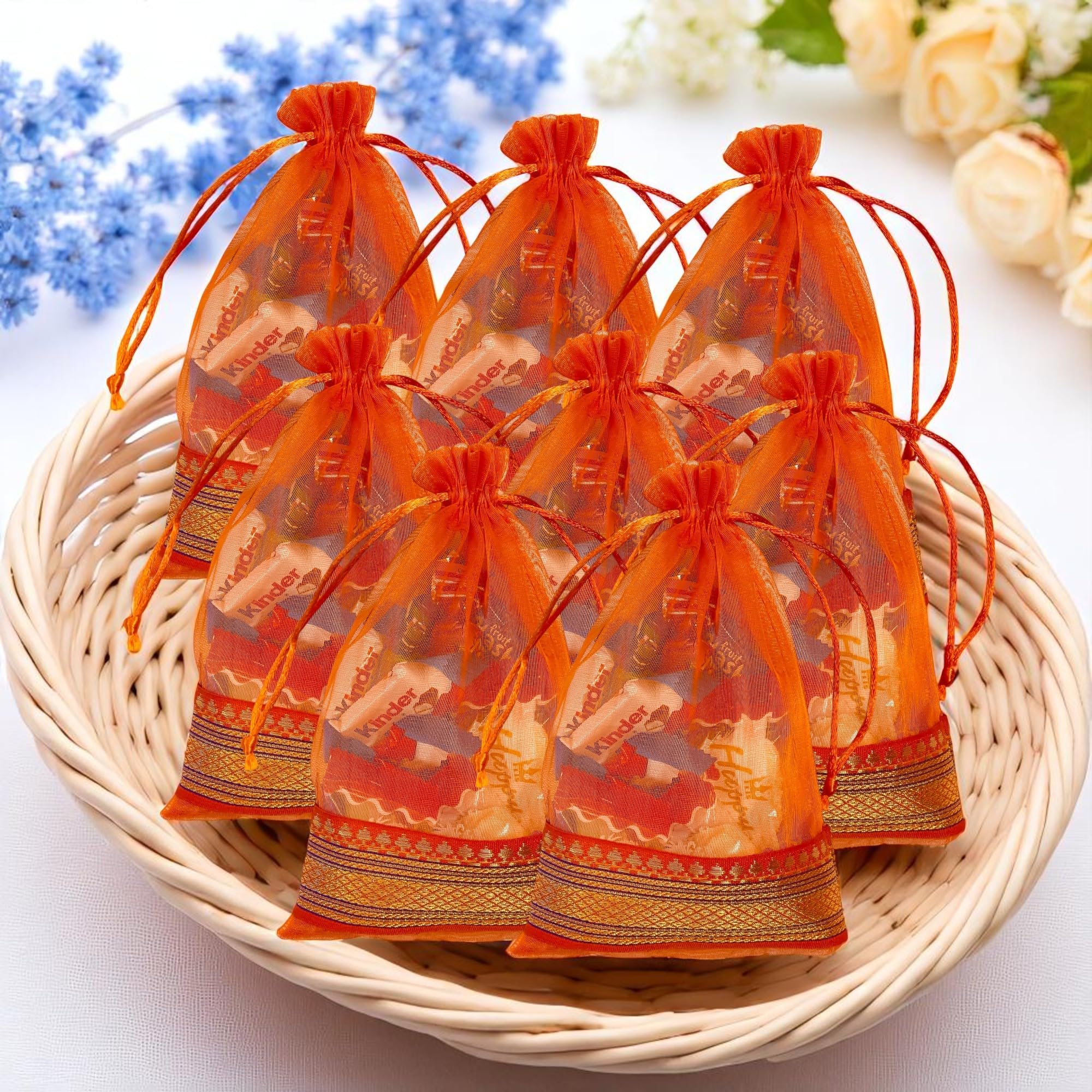 Kriwin Silk Potli Bags with Drawstring, 18 x 12 cm, Pack of 10, for Gifting and Storage (Orange) 4