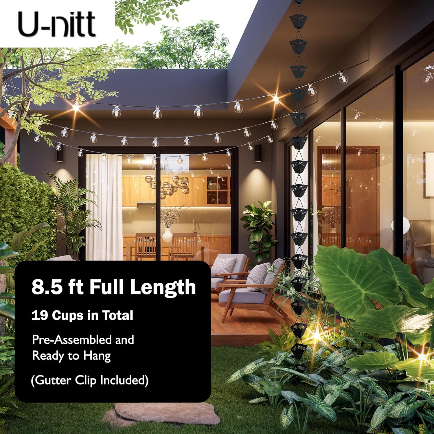 U-nitt Rain Chain Water Collection for Gutters Rainwater Catcher & Diverter, 8.5 FT Chains for Outside Garden, Black Square Cups, Roof Downspout, Works with Heavy Rain, w/Gutter Clip for Rainchains