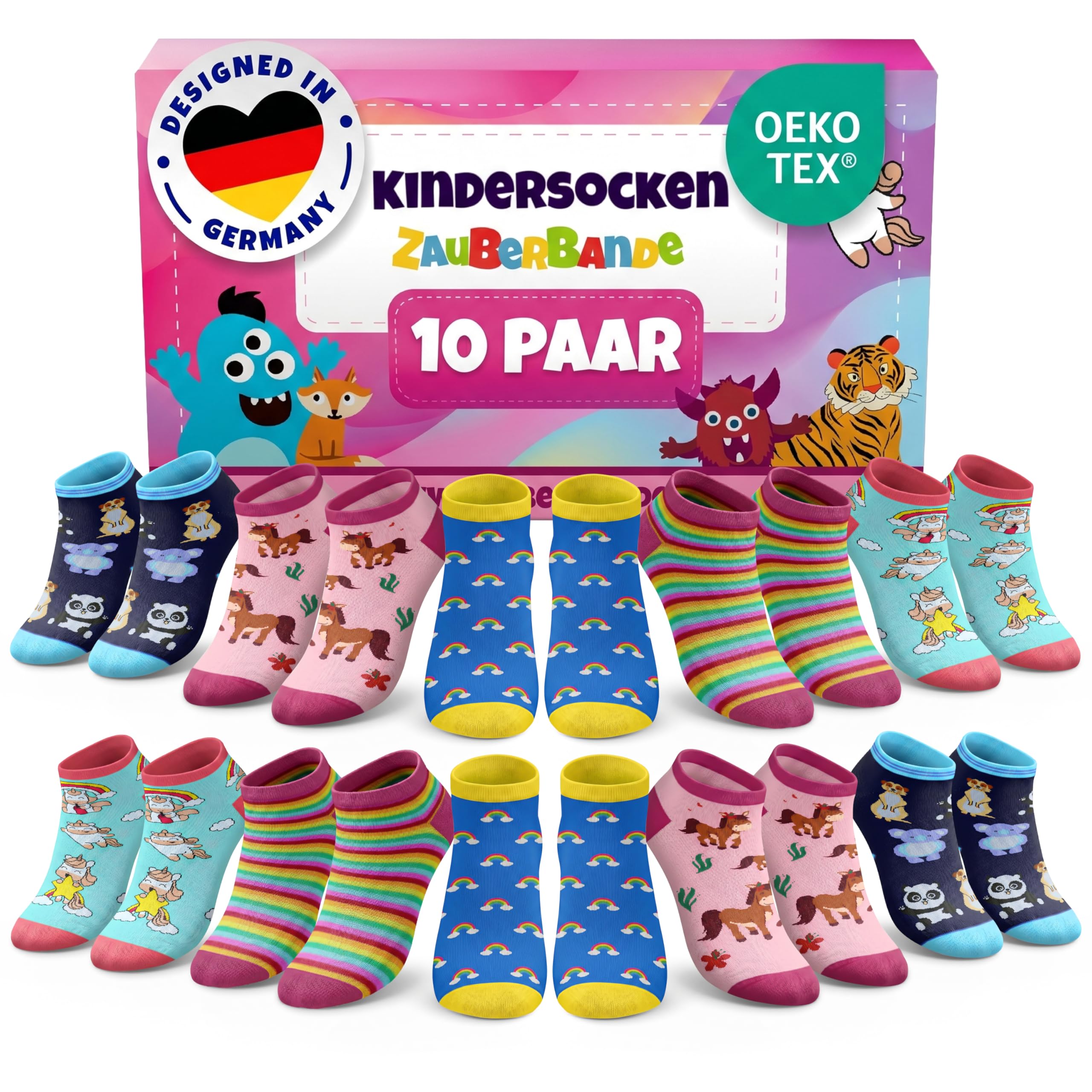 Zauberbande Socken Jungen/Mädchen - 10 Paar - bunte und lustige Kindersocken aus Baumwolle - Socken Kinder für Schule, Kindergarten & Sport - OEKO-TEX Standard 100-23-26, 27-30, 31-34, 35-38