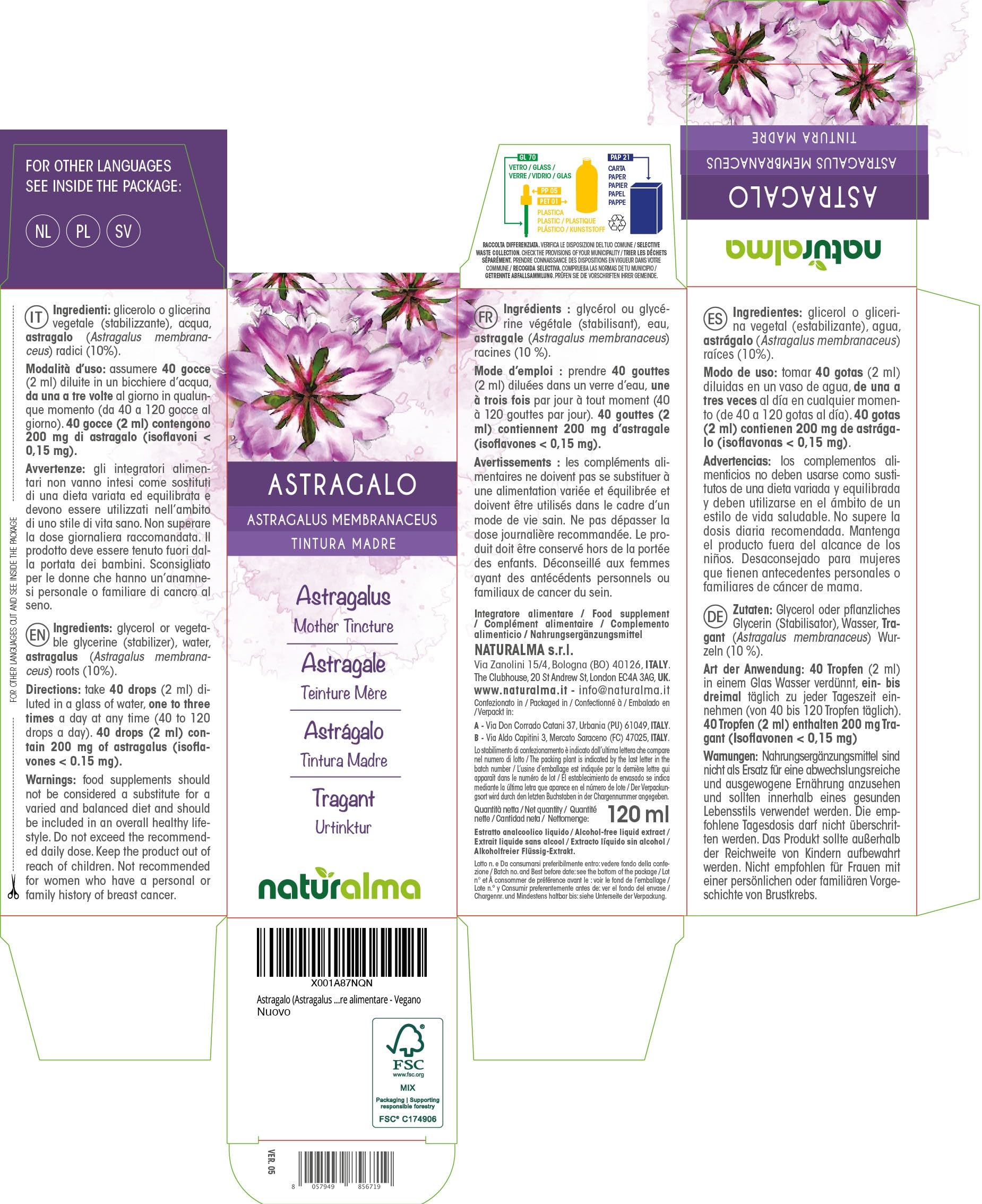 Astragalo (Astragalus membranaceus) radici Tintura Madre analcoolica Naturalma - Liquido in gocce 120 ml - Integratore alimentare - Vegano