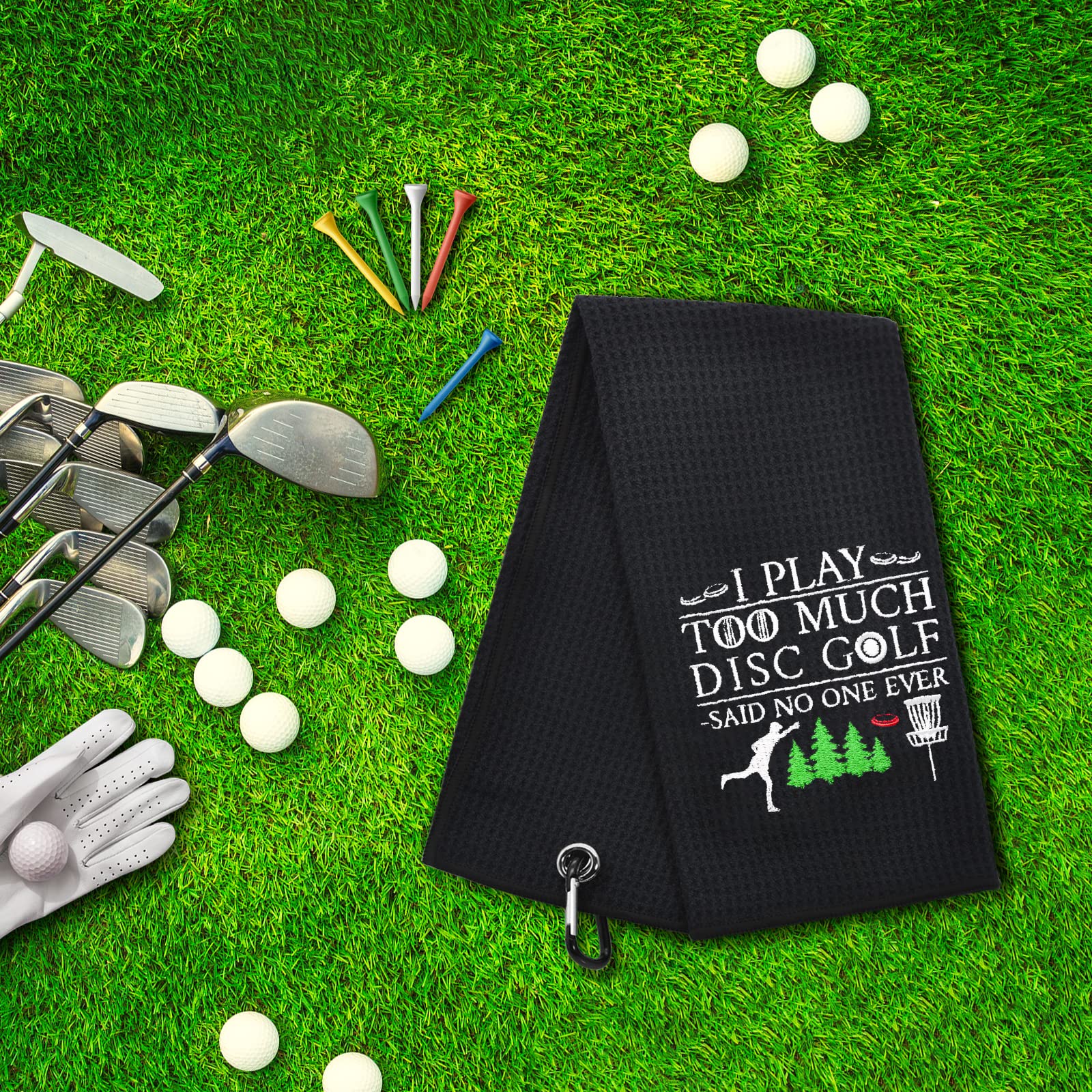 ERHACHAIJIA 'I Play Too Much Disc Golf' haftowany ręcznik golfowy z klipsem. Śmieszne akcesoria do gry w golfa dyskowego prezenty dla mężczyzn kobiet miłośników golfa, urodziny, emerytura, Dzień Matki