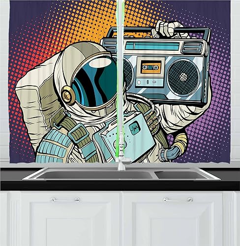 Lunarable Rapper Kitchen Curtains, Astronaut with a Retro Boombox Listening Music in Space Comic Strip Audio Print, Window Drapes 2 Panel Set for