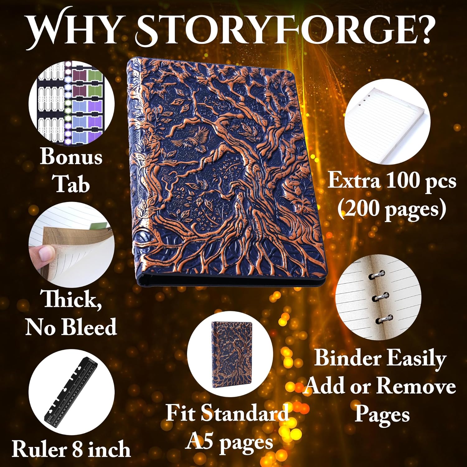 DND Notebook Journal Refillable Binder - A5 Story Forge 400 Pages (200 Sheets) with Breathtaking 3D Tree of Life Design - Perfect for Dungeons and Dragons (D&D) - Bonus Tabs and Ruler (Navy Copper)