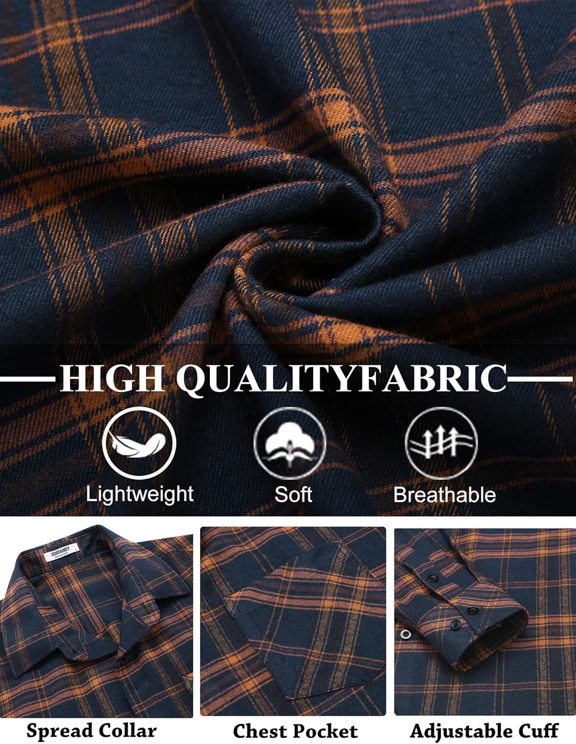 COOFANDY Men's Flannel Shirts Long Sleeve Button Down Plaid Shirt Lightweight Shirt - Image 5