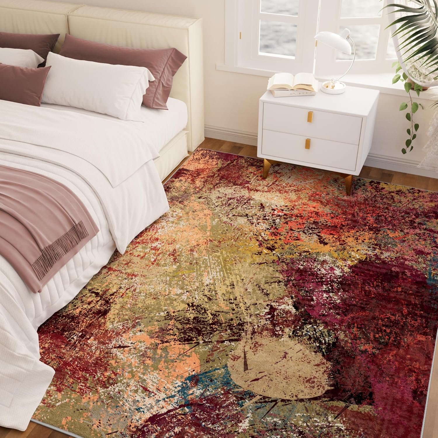 Arbosofe Modern Abstract Rug for Living Room, 5'x7' Washable Area Rug with Non-Slip Backing & Short Pile, Large Carpet with Abstract Pattern for Living Room Bedroom and Dining Floor Carpet Red Orange