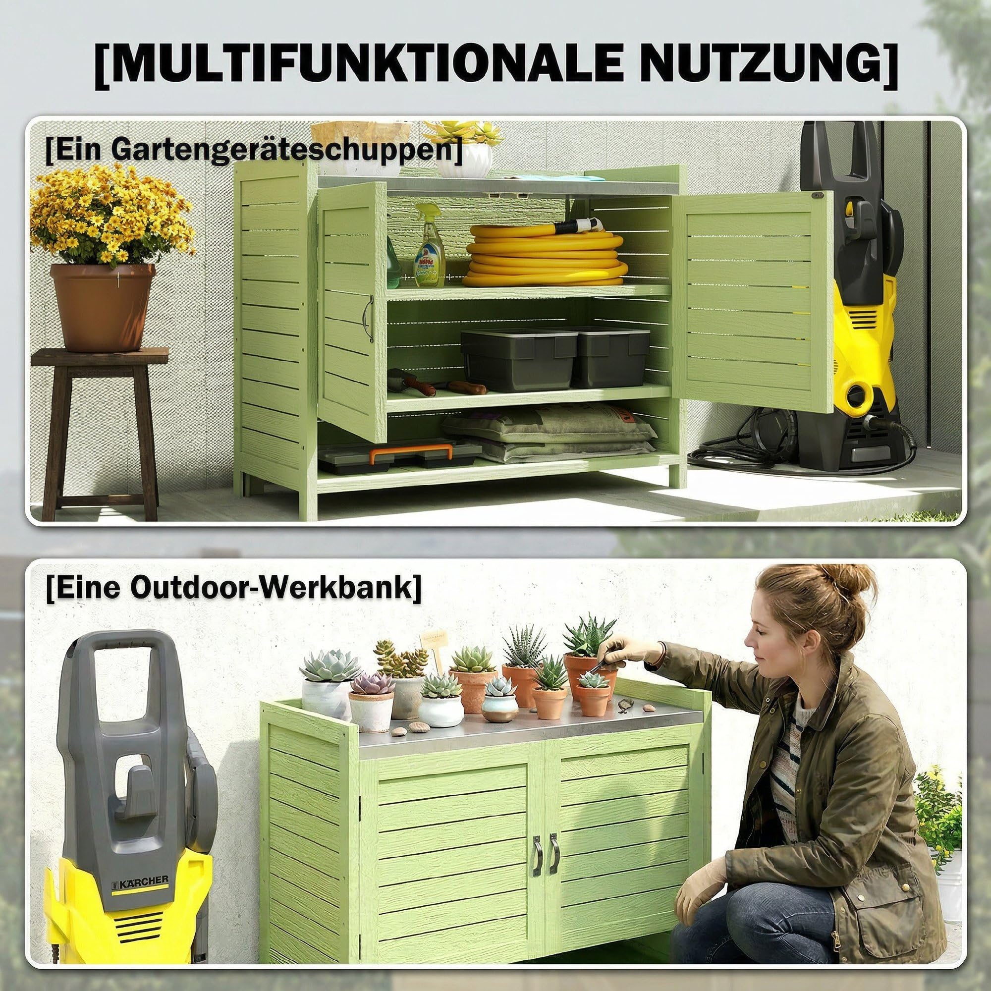 Outsunny Pflanztisch mit Unterschrank aus Holz Outdoor Gartenschrank mit verzinkter Arbeitsplatte 3 Regalböden Doppeltüren wetterfest Gärtnertisch für Garten Balkon Terrasse 88 x 40 x 70,5 cm, Grün