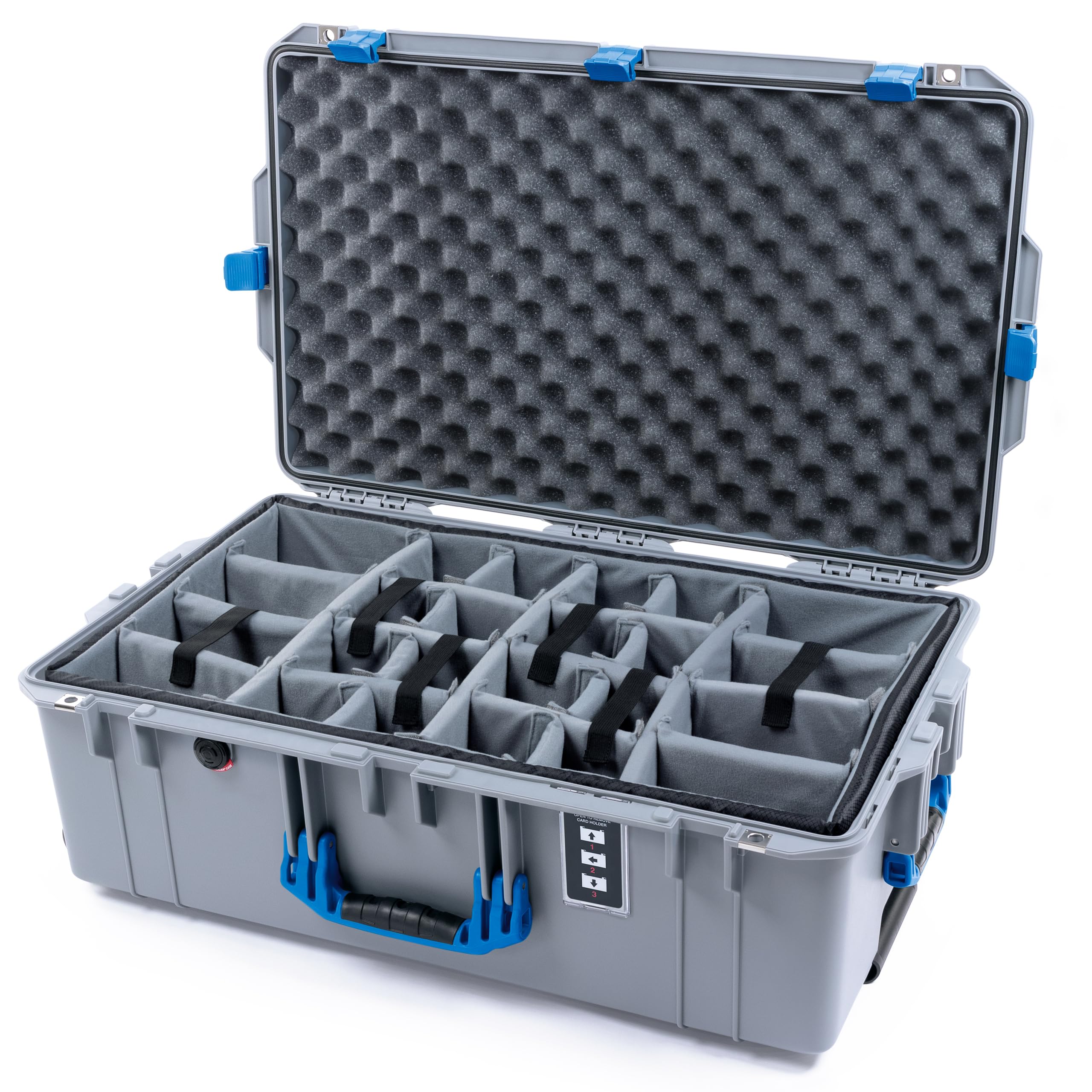 Pelican 1595 Case by ColorCase - Silver - Large Sized Waterproof Case with Grey Padded Dividers & Convoluted Lid Foam - Blue Handles & Latches